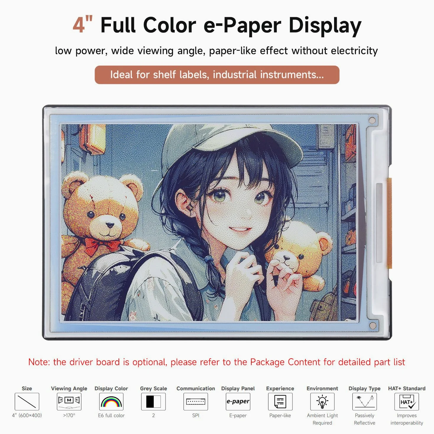 Waveshare Display E-Paper Spectra 6 (E6) a colori da 4 pollici, compatibile con Raspberry Pi 5/4B/3B/Zero/Zero W/Zero 2W/Pico/Pico W/Pico WH, Jetson Nano e RDK X3, con scheda driver standard HAT+