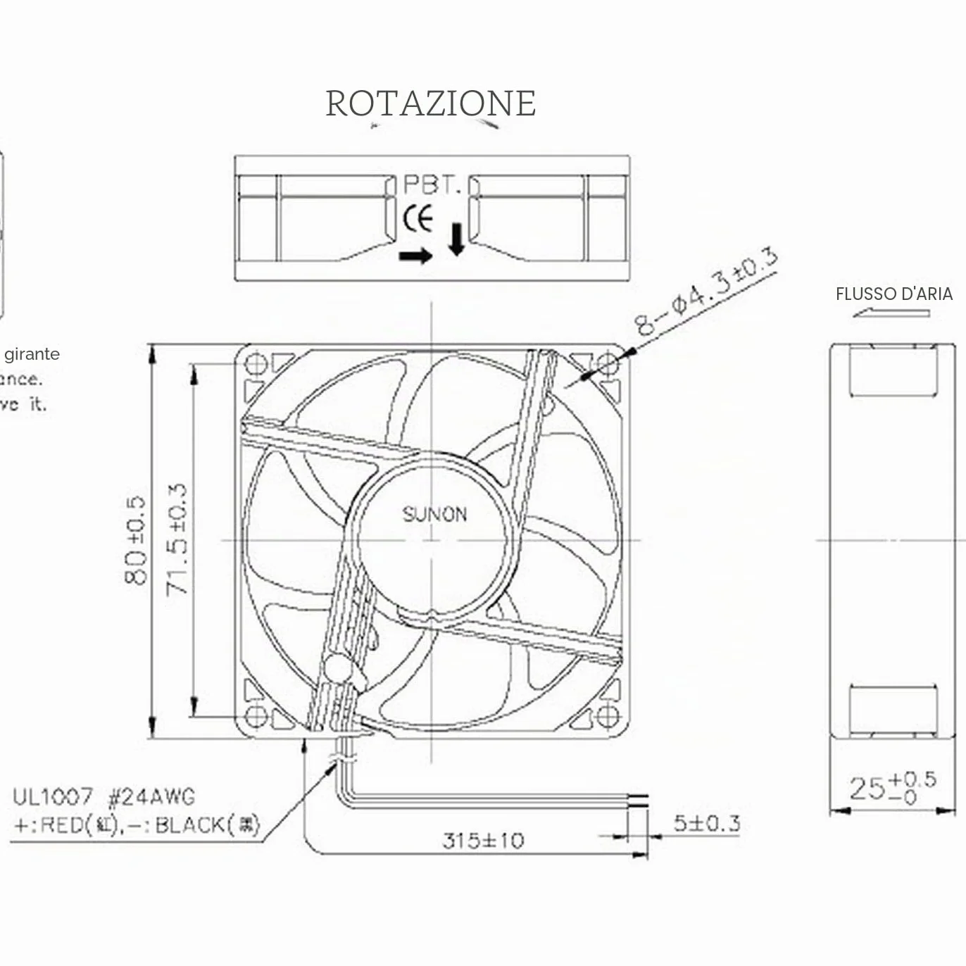 Ventola 12V DC 1,44W 80x80x25mm 69,6m³/h 3200U/Min 69,6m³/h Sunon EF80251S11000UA99