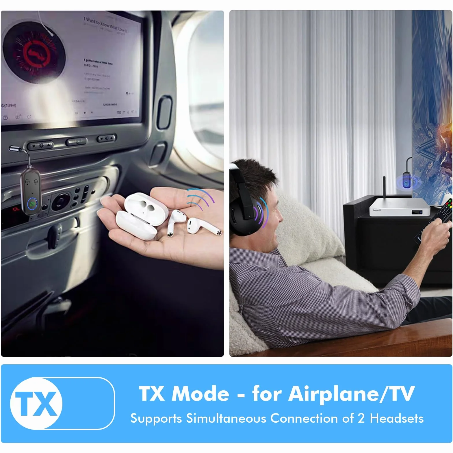 GIBOHOM Trasmettitore Bluetooth 5.3, Adattatore Bluetooth 2-in-1, Adattatore Cuffie Aereo Supporta 2 Auricolare, 3.5 mm AUX Jack Trasmettitore per TV, Telefono Mobile, Car Audio Systems, Palestra