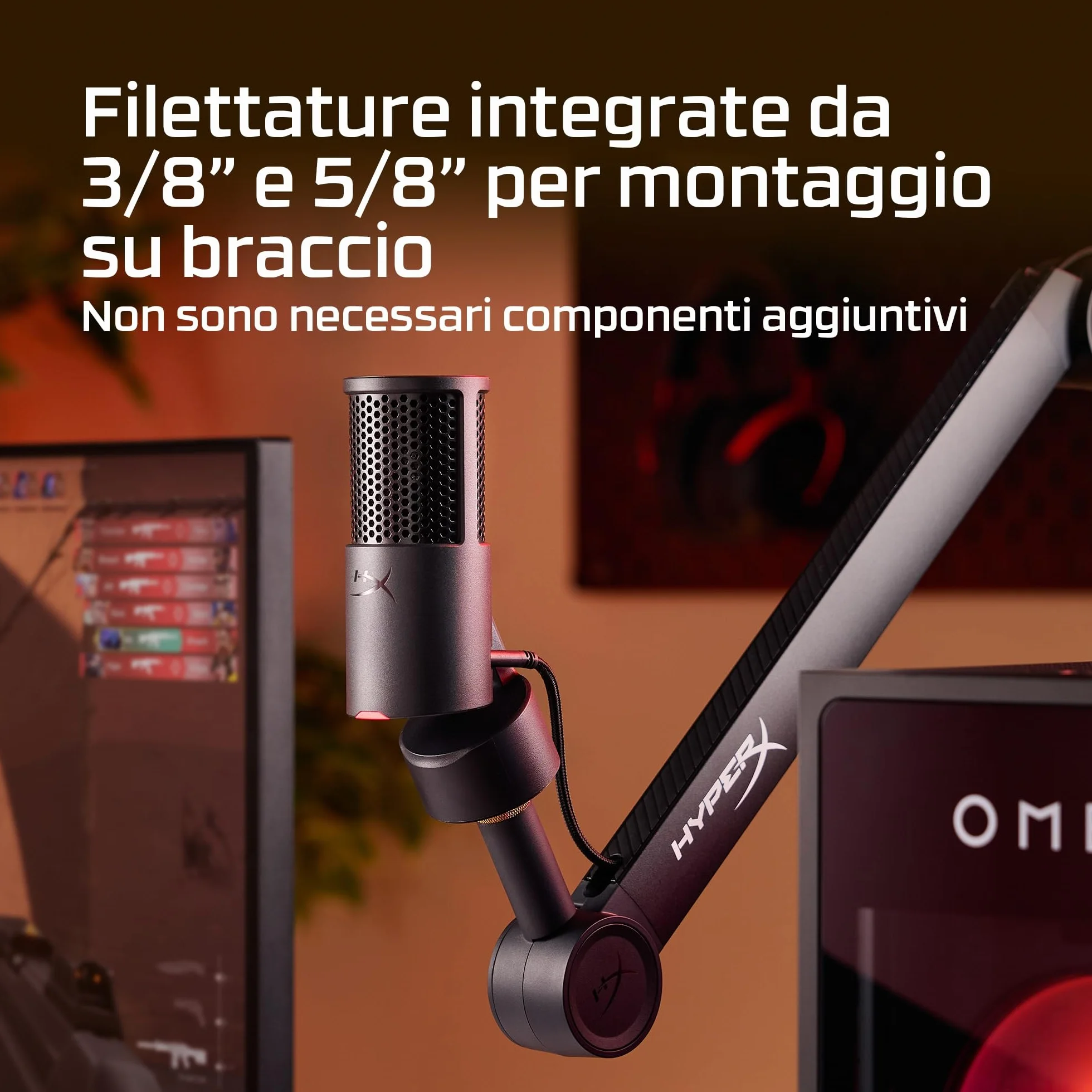 HyperX SoloCast 2, Microfono Usb-C Condensatore per Gaming, Streaming, Podcast, Compatibile Con Pc, Mac e Bracci Filettati, Controllo Con Software Ngenuity, Plug-and-Play, Audio Chiaro, Nero
