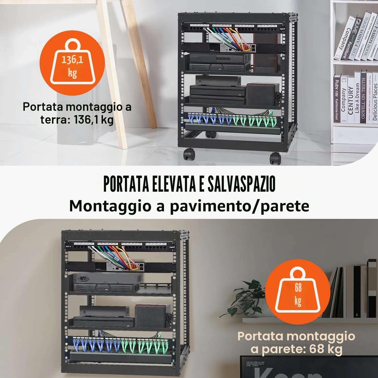 VEVOR Server Rack a Telaio Aperto 12U, Profondità Regolabile da 15''-40'', Server di Rete Rack da Autoportante o con Montaggio a Parete, Rack AV a 4 Posti con Ruote