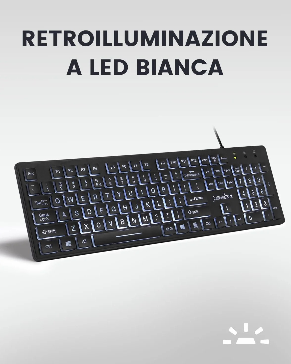 Perixx PERIBOARD-317 Tastiera Retroilluminata LED Bianchi USB Cablata, Full-size, Lettere grandi, Layout Italiano QWERTY