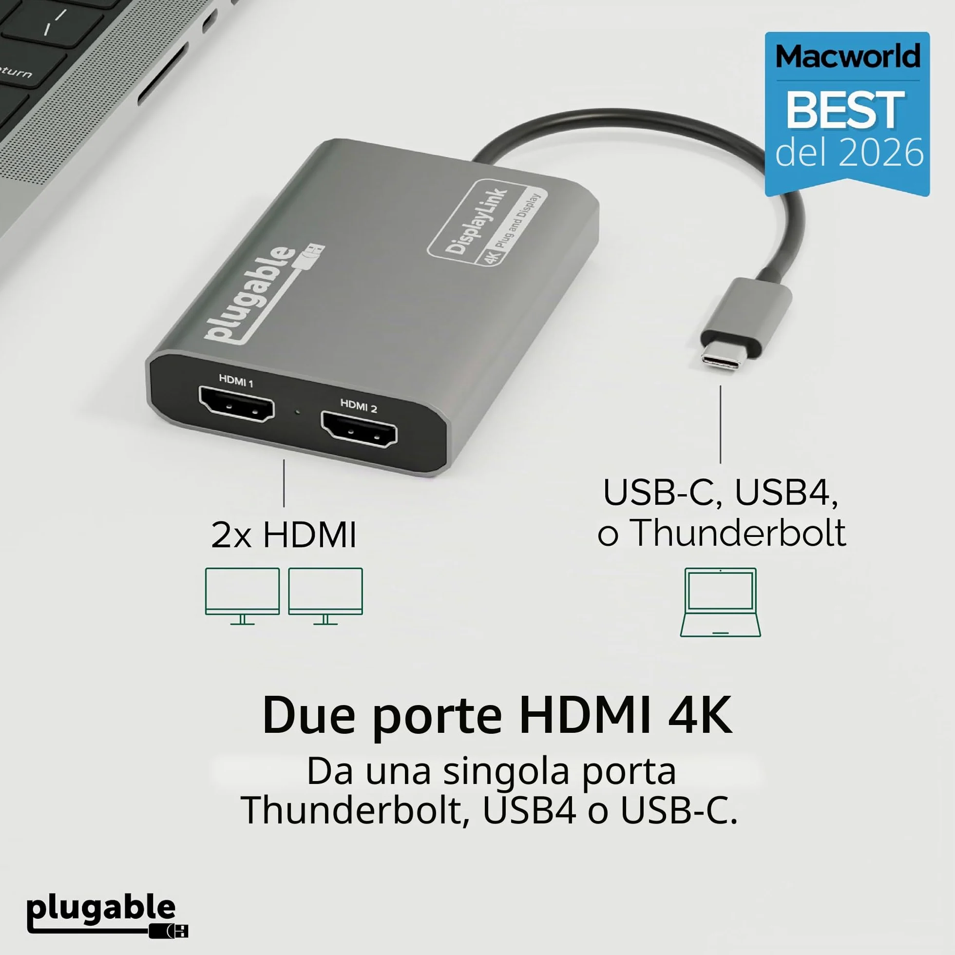 Plugable Technologies USBC-6950M adattatore grafico USB 3840 x 2160 Pixel Argento (Plugable USB-C Dual 4K HDMI Adapter)