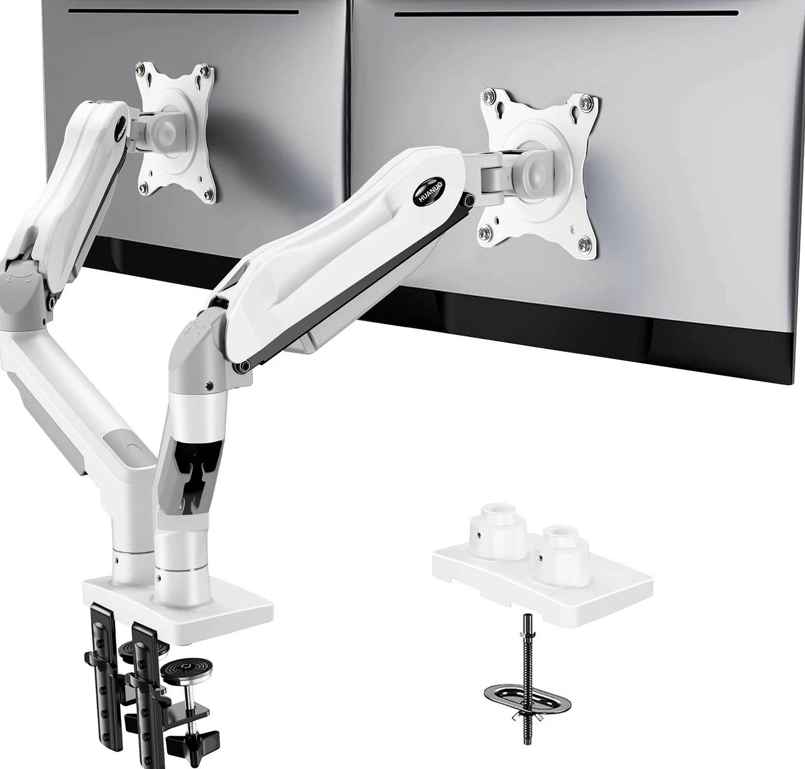 HUANUO Braccio doppio monitor da scrivania per schermi da 13 a 30 pollici, supporto doppio per monitor per schermi piatti curvi, supporto per doppio monitor bianco VESA 75/100 mm