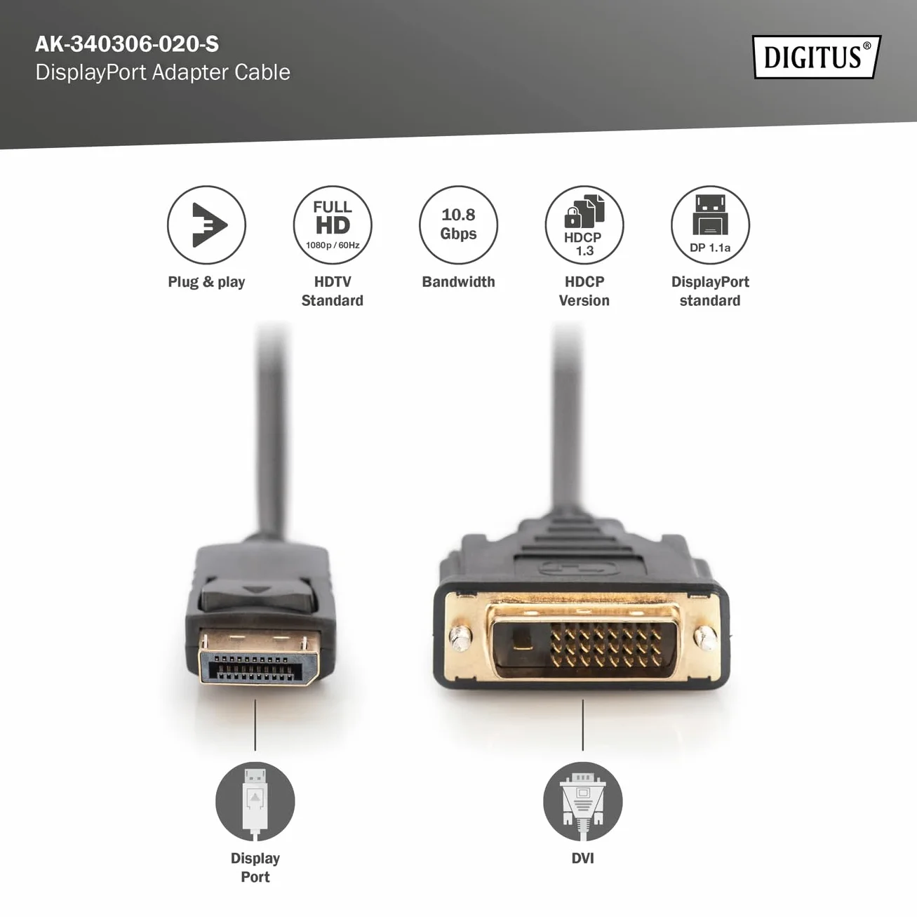 DIGITUS Cavo adattatore DisplayPort - DP a DVI (24+1) - Full-HD 1080p/60Hz - Displayport 1.1a - 2,0 m - con chiusura - adatto a monitor, schede grafiche - nero