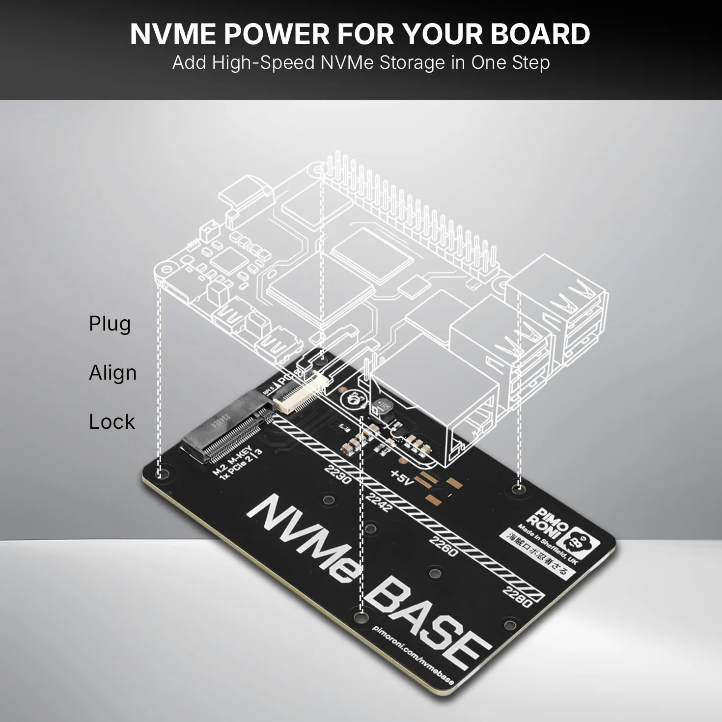 Base NVMe per Raspberry Pi 5 M.2 HAT PCIe scheda di estensione (M.2 2230 a 2280 supportata) PIM699