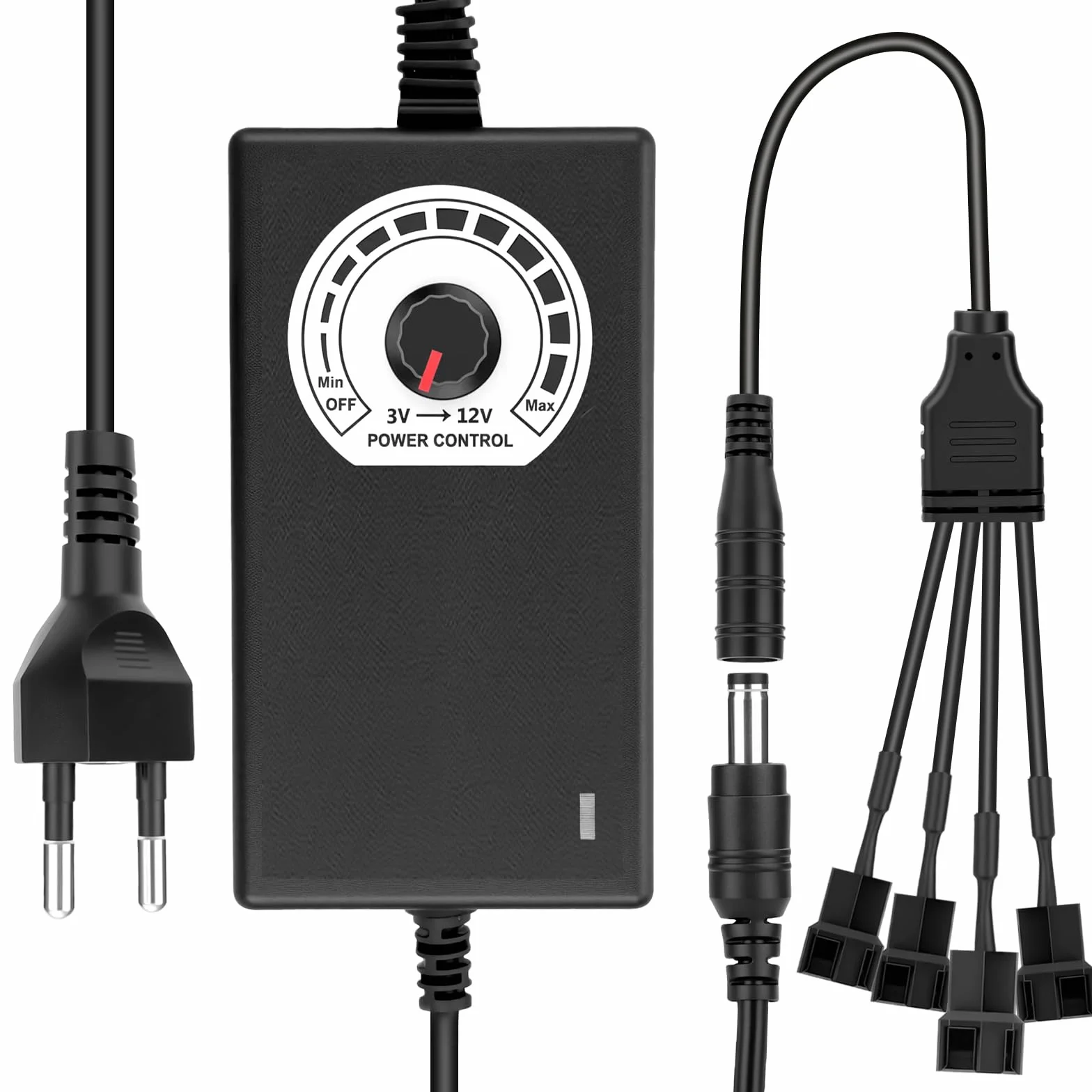 RUIZHI Regolatore di velocità ventola PC e alimentatore 12 V, 100-240 V AC a 3-12 V DC, 24 W, adattatore regolabile con cavo splitter, presa DC a 2 x 3/4 pin