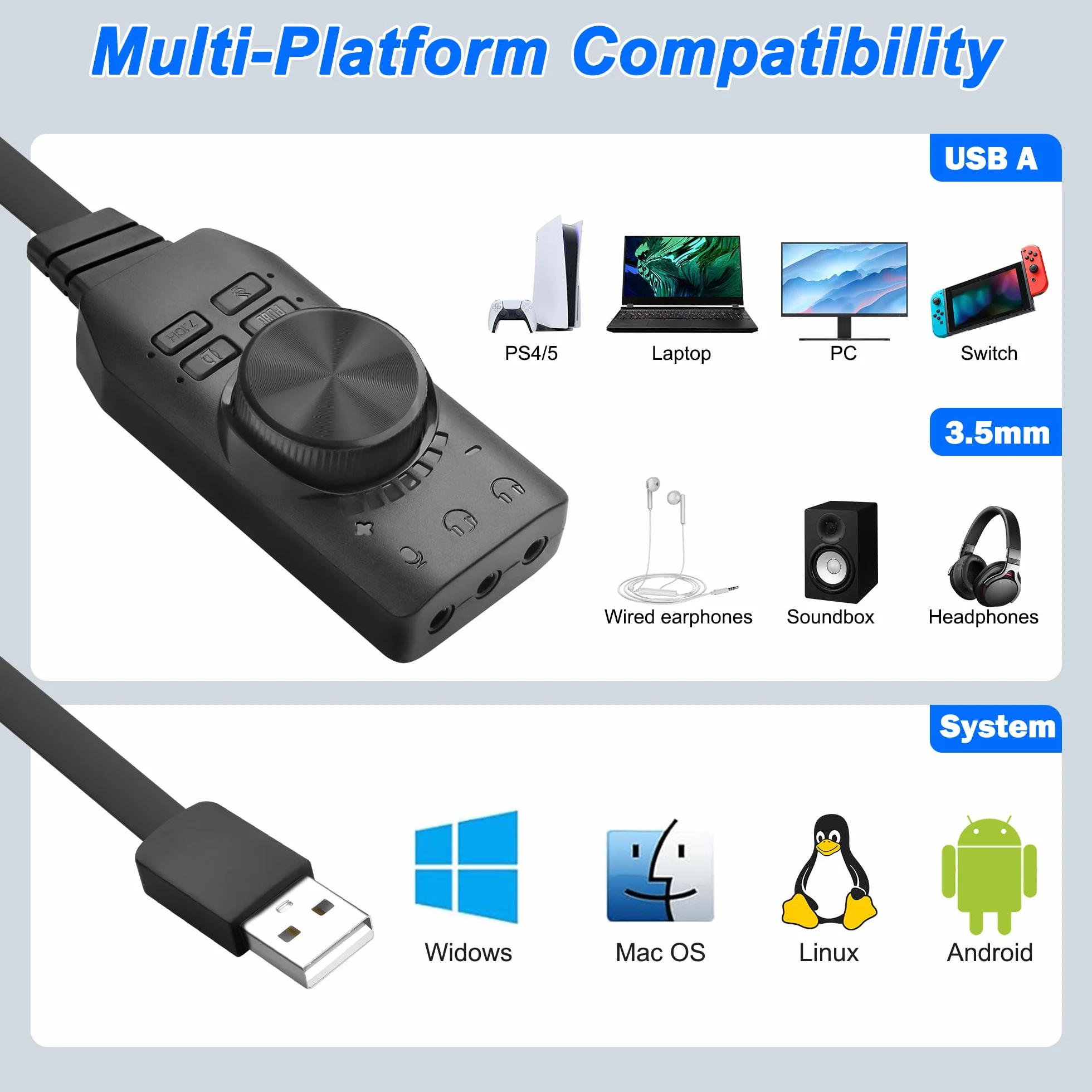 MEIRIYFA Scheda audio USB esterna Virtuale 7.1 Surround Sound USB 2.0 Adattatore scheda audio esterna con regolazione del volume per desktop, laptop, auricolari, cuffie (nero)