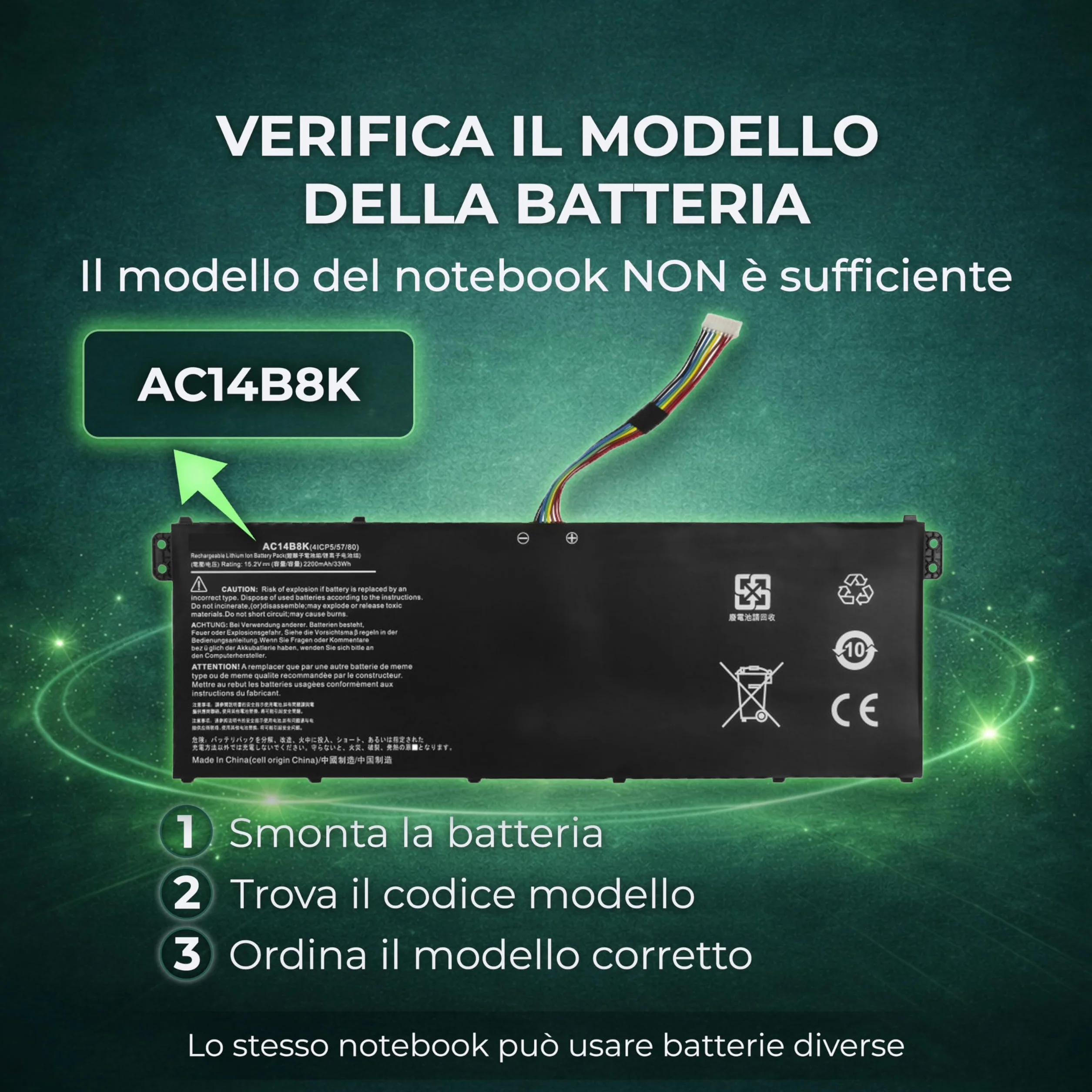 Batteria per Notebook Compatibile con Acer AC14B8K (3600mAh, 15.2V 55Wh) per Spare Parts AC14B8K AC14B13K AC14B18K AC14B3K per Laptop Nitro 5 AN515-51 AN515-52 AN515-53 4ICP5/57/80