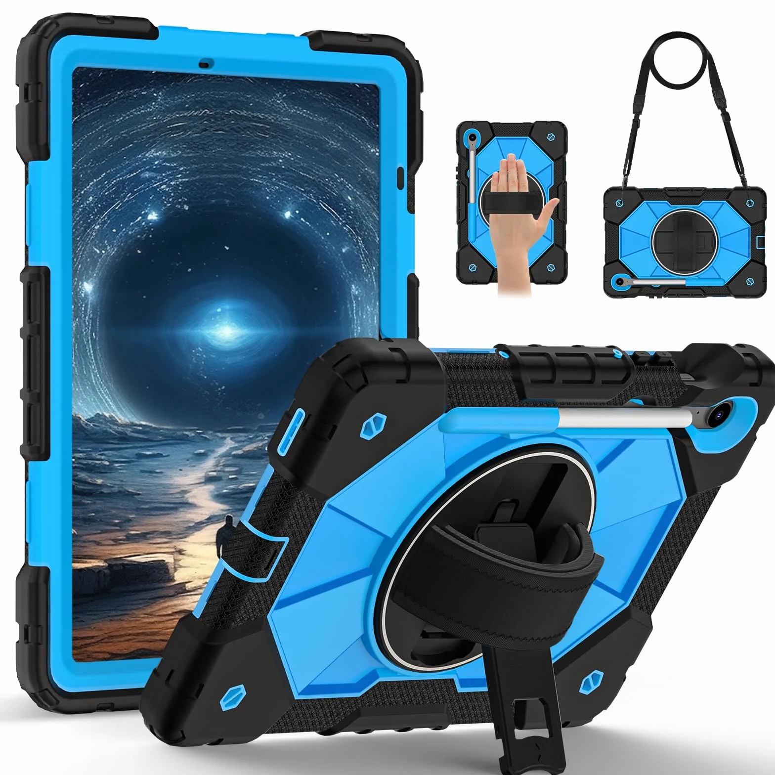 Custodia robusta per Samsung Galaxy Tab S10 Lite 10.9 pollici 2025 SM-X400/X406B con supporto per penna a S, cavalletto girevole, impugnatura rigida antiurto armatura cover w/tracolla (nero +