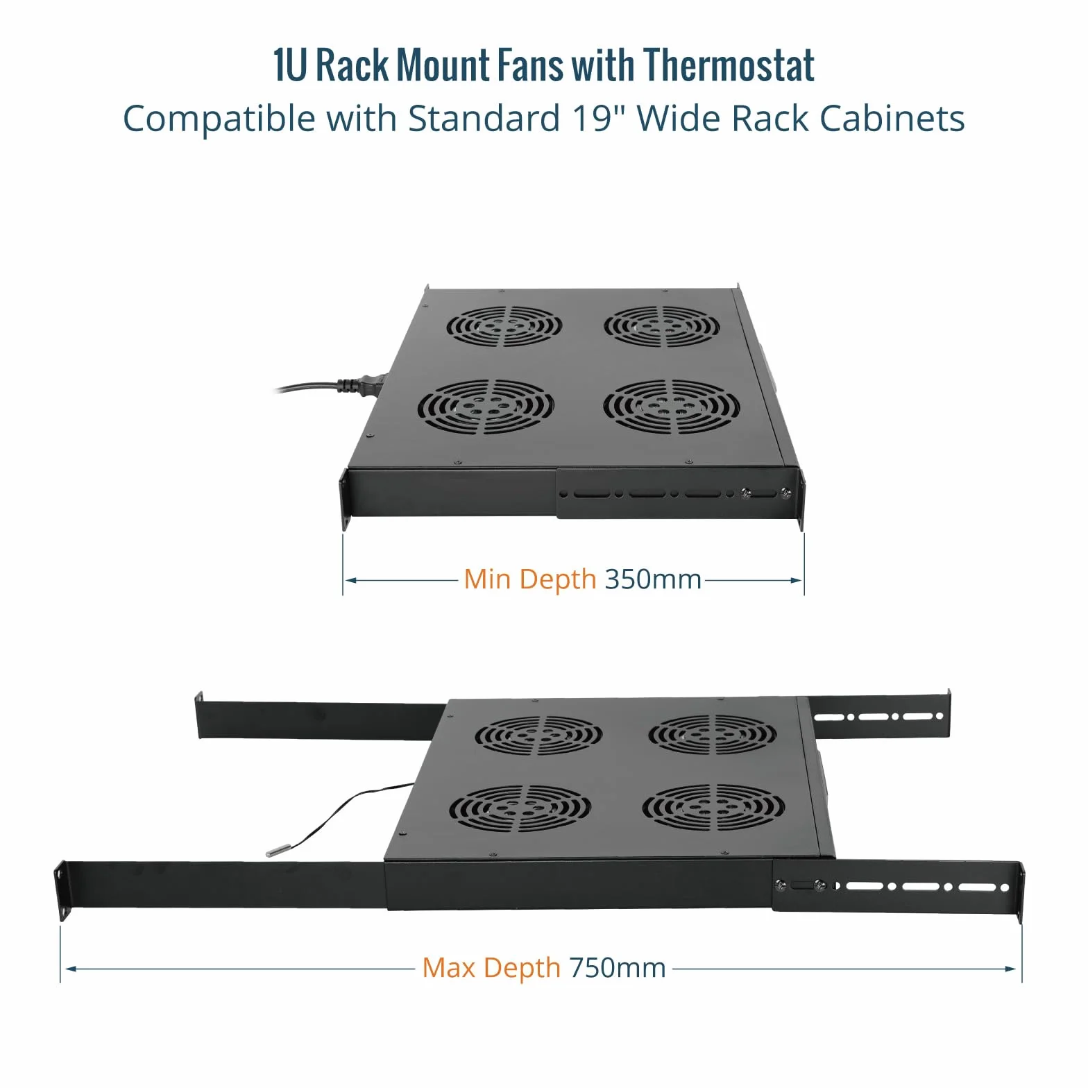 Tecmojo Modulo di Ventilazione da 1U per Rack da 19 Pollici con 4 Ventole, Supporto per Ventole con Guida Regolabile per Profondità da 350mm a 750mm, Nero