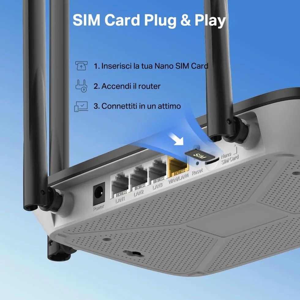 Mercusys MB115-4G Router WiFi con Sim, 4 Antenne Ad Alto Guadagno, 4G LTE Wireless N300Mbps, 3 Porte LAN+1 Porta LAN/WAN, WAN Connection Backup, Parental/LED Control, VPN, SMS, APP, Plug&Play