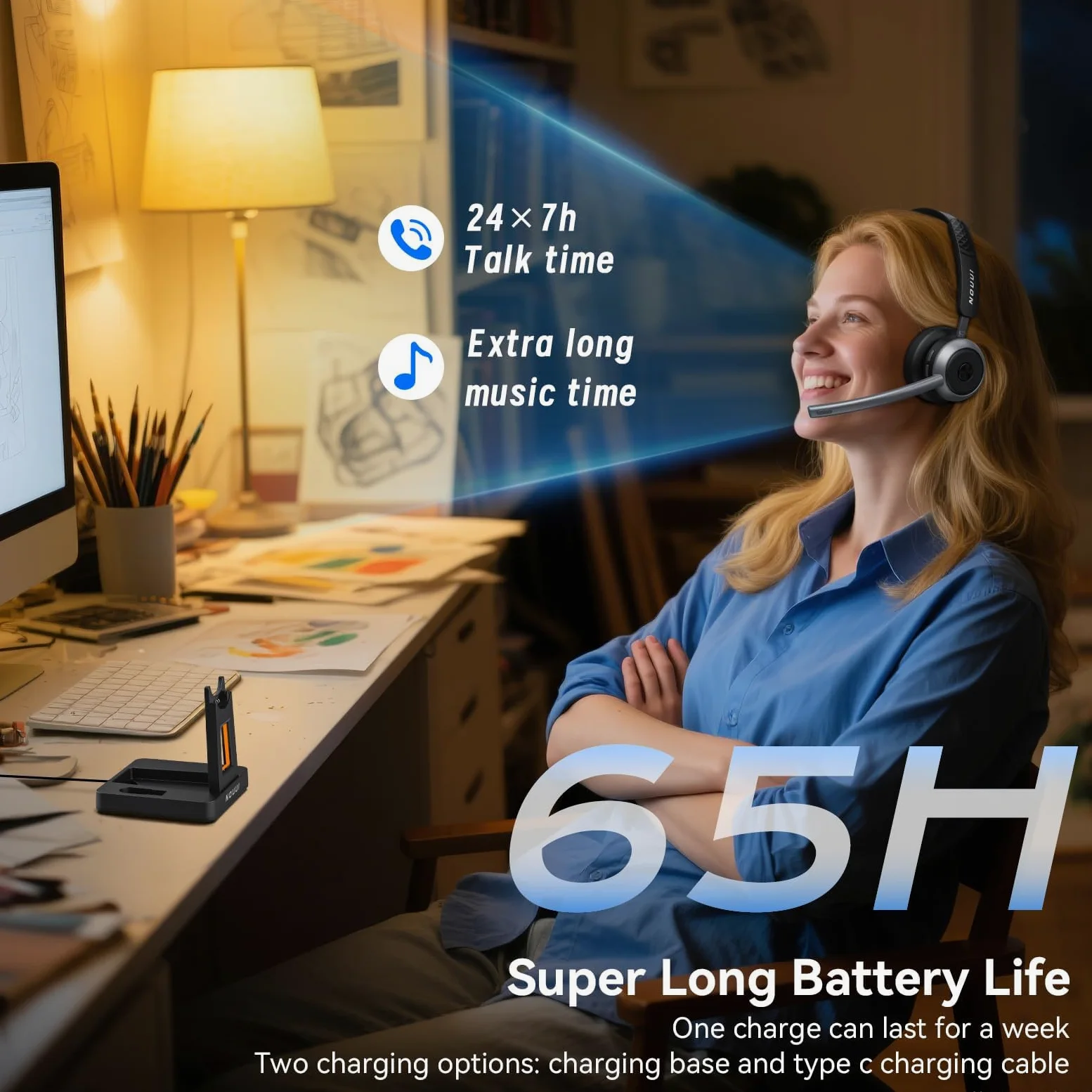 Cuffie wireless con microfono per lavoro, cuffie wireless con microfono (cancellazione del rumore e pulsante muto), batteria 65H con base di ricarica, cuffie Bluetooth con microfono per PC/Call Center