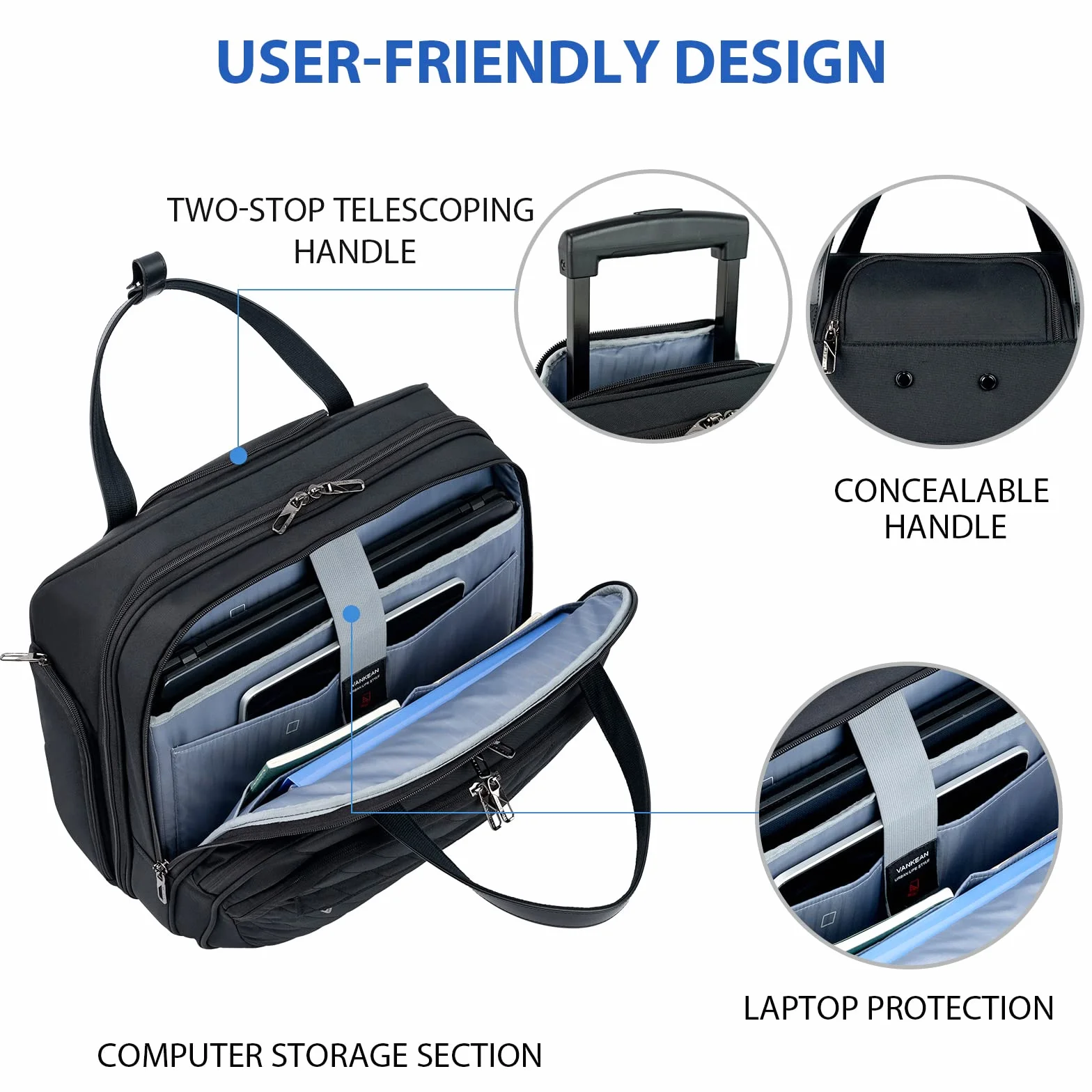 VANKEAN - Valigia porta laptop con ruote per donne, borsa da 39,6 cm con ruote per donne, borsa per computer impermeabile da viaggio/lavoro con tasche RFID, nera