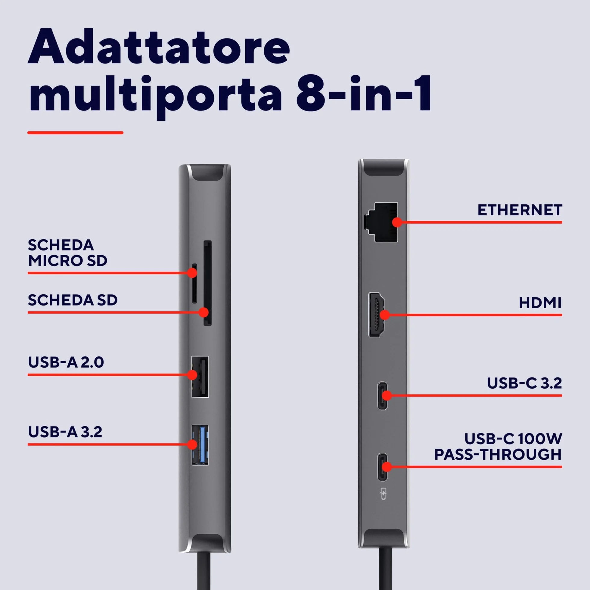 Trust Vylor Hub USB C 8-in-1 Adattatore HDMI 4K@60Hz, Gigabit Ethernet, Lettore di Schede MicroSD/SD, USB-C USB-A, Porta di Ricarica 100W, Docking Station PC Computer Portatili Dell HP MacBook