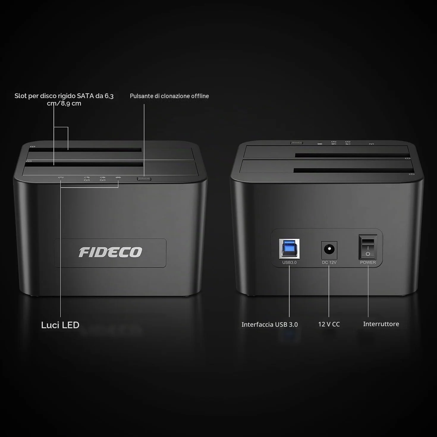 FIDECO HDD Docking Station, USB3.0 - Docking station per disco rigido da 2,5 e 3,5 pollici SATA HDD/SSD, doppio alloggiamento, supporto clone offline