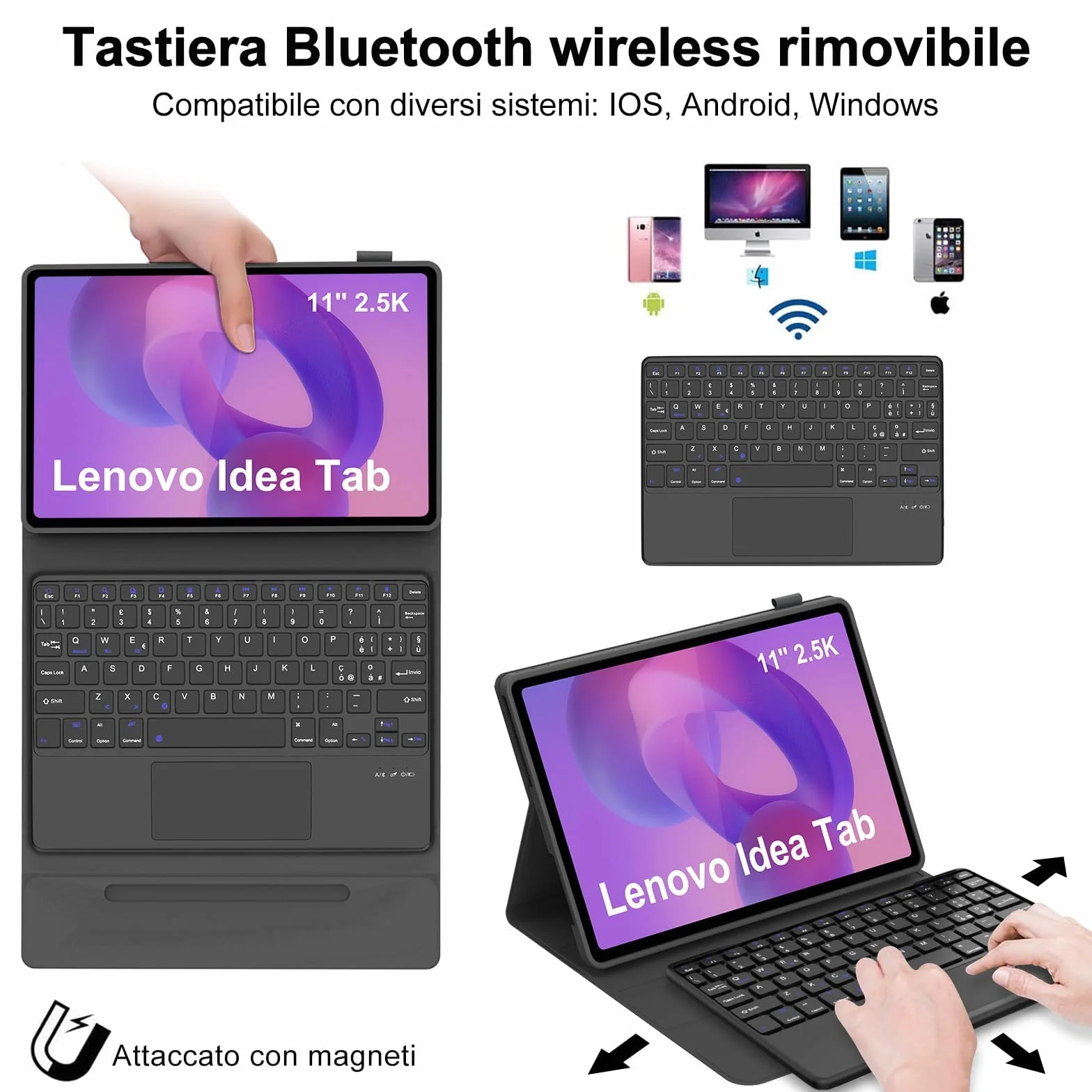 IVEOPPE Tastiera per Lenovo Idea Tab 11 Pollici 2025 con Touchpad, Cover Tastiera Italiano QWERTY, Senza Fili Bluetooth Staccabile Custodia Keyboard per Lenovo Idea Tab 11" TB-336ZU/336FU, Nero