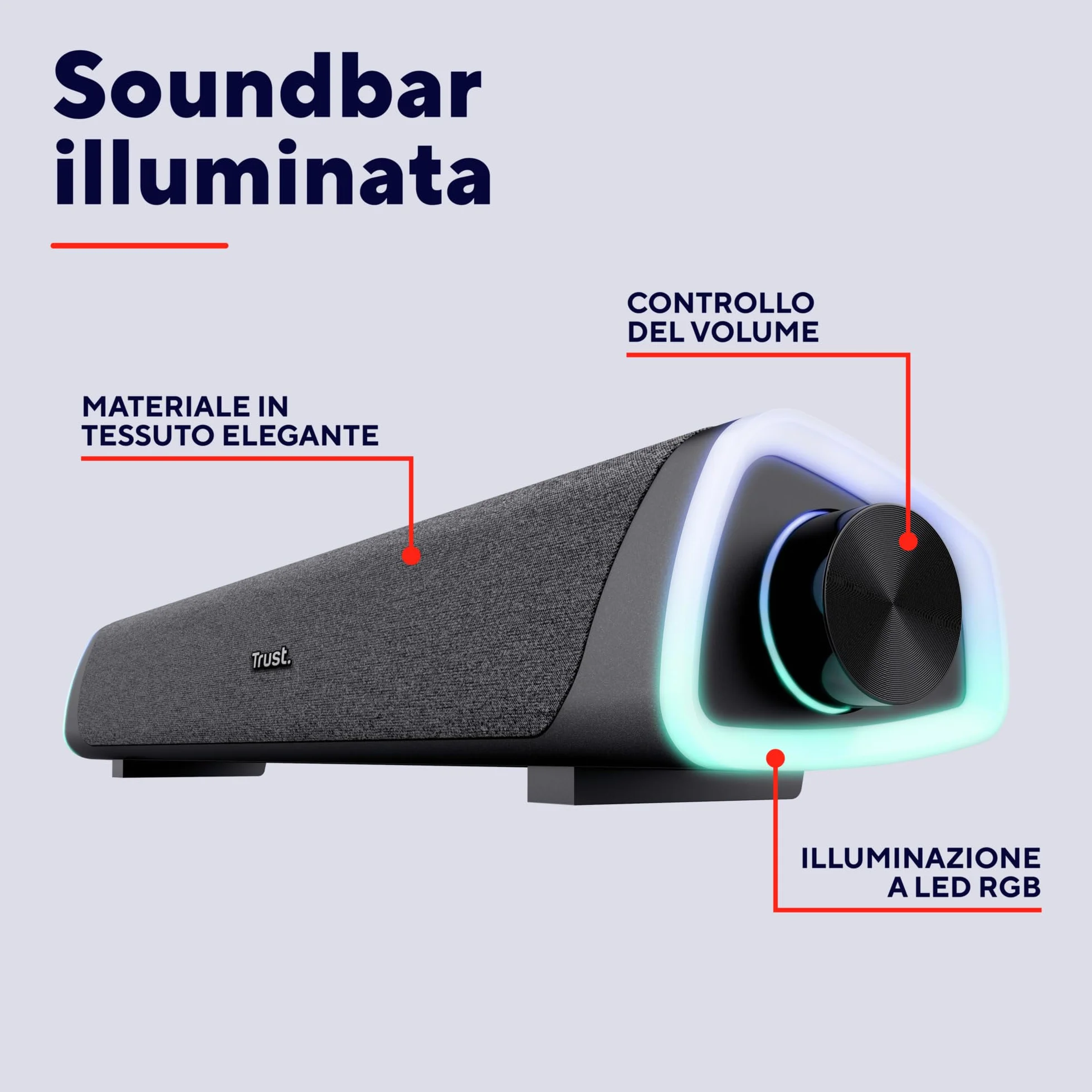 Trust Liro Soundbar PC 12W, Stereo Speaker con Illuminazione LED RGB, Sound Bar Jack AUX 3.5 mm, Casse PC con Alimentazione USB, Altoparlanti per PC Laptop Desktop Tablet Smartphone TV, Nero