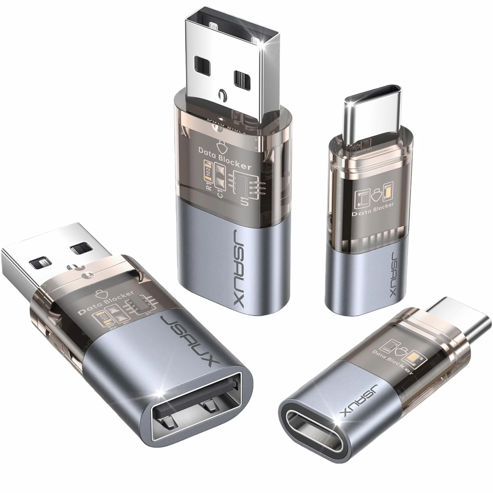 JSAUX Blocco Dati USB e Blocco Dati USB C(4 Pezzi), Data Blocker Trasparente Tipo A e Tipo C Solo per la Carica, Protezione Contro il Juice Jacking, Rifiuto dell'hacking e Ricarica Sicura