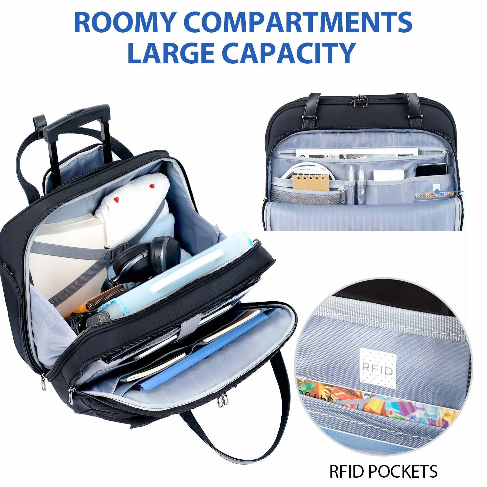 VANKEAN - Valigia porta laptop con ruote per donne, borsa da 39,6 cm con ruote per donne, borsa per computer impermeabile da viaggio/lavoro con tasche RFID, nera