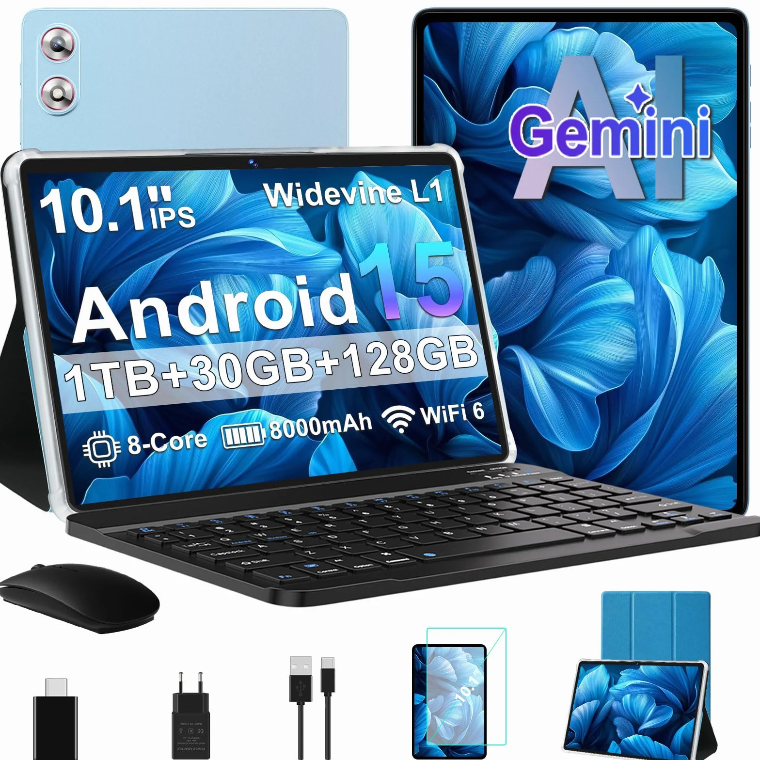 Tablet Android 15 Gemini AI 10,1 pollici,30GB RAM+128GB ROM,Widevine L1,blu | tablet con tastiera, mouse e custodia di protezione,Octa-Core, Wi-Fi 6, 8000mAh, jack audio 3,5 mm, GPS