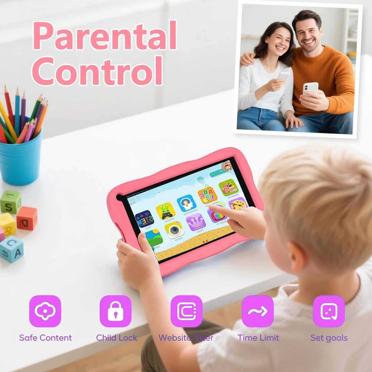 SUMTAB Tablet Bambini 7 Pollici con Controllo Parentale, Android 13 Tablette, 8 GB RAM 64GB ROM (256 GB Estensione) Bluetooth, WiFi,Tablet per Bambini con Custodia(Rosa)