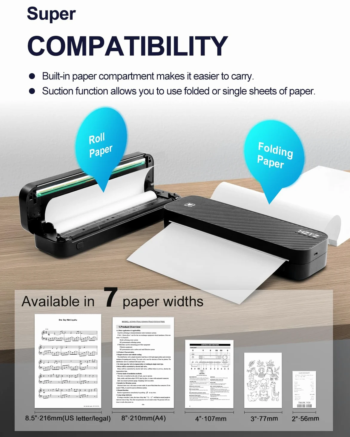 Stampante portatile senza fili, stampante termica, stampa senza inchiostro, Bluetooth e USB, supporto stampante US Brief/A4/A5, carta termica, compatibile con Android e iOS Telefono/Laptop