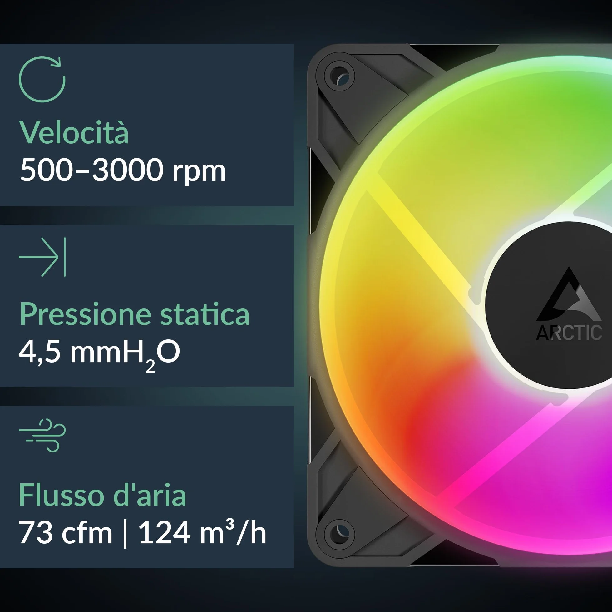 ARCTIC P12 Pro Reverse A-RGB – 3 Pack – 120 mm Ventola Premium con flusso d’aria inverso, Ventole PWM con splitter per cavo a Y, 500-3000 rpm, 0 rpm <5% PWM, 5V Digital RGB, FDB, 4-Pin - Nero