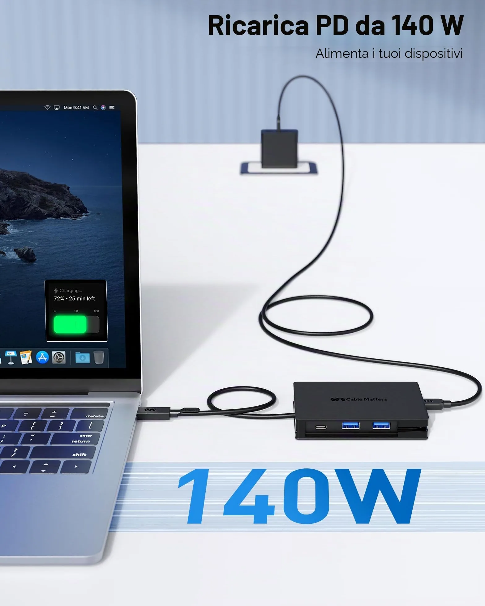 Cable Matters Hub USB-C 8 in 1 doppio HDMI, PD 140 W | PD 140 W, Ethernet Gigabit, Dati 10 Gbit/s su 3 porte USB-C/USB-A e 1 porta USB2.0