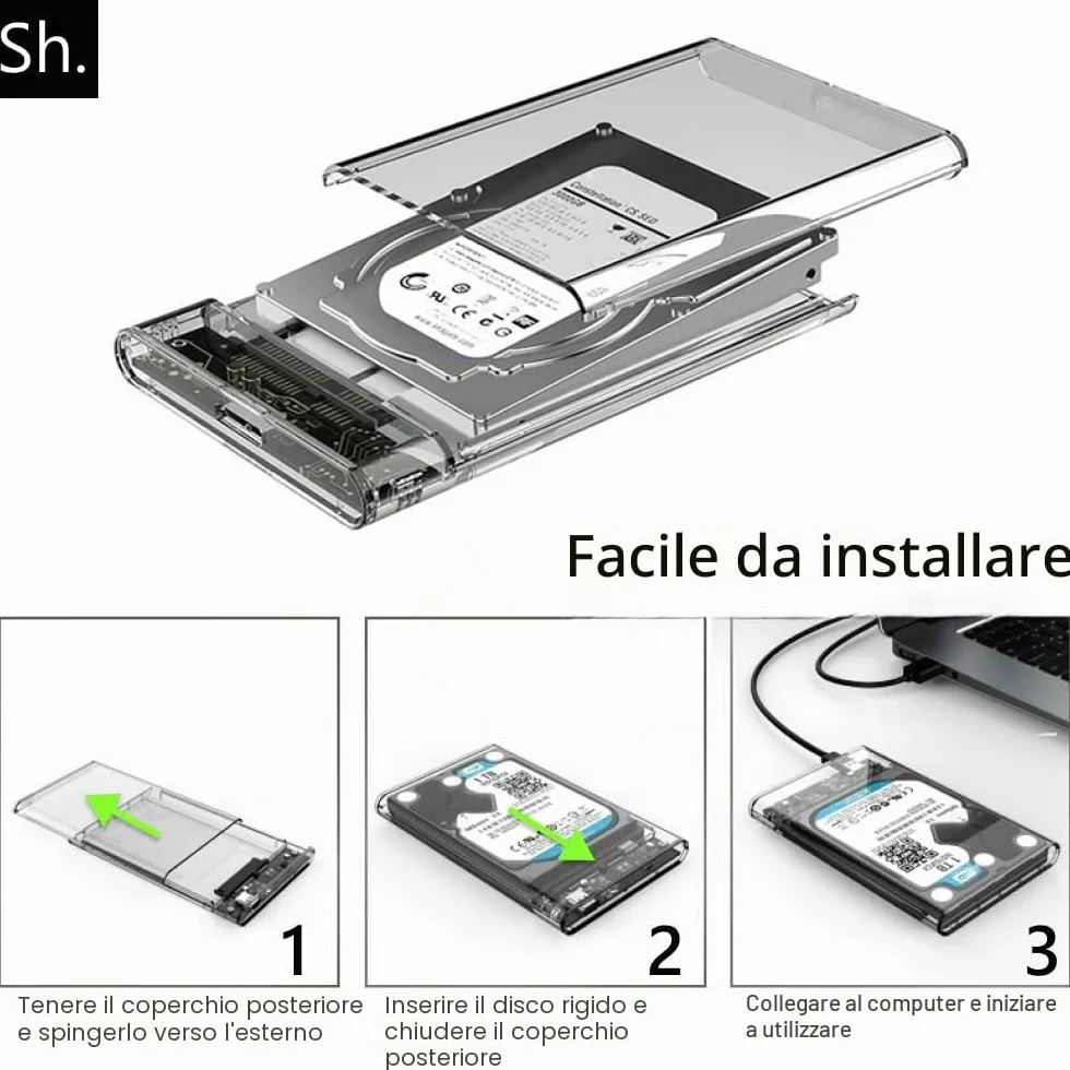 Sh. Case SSD HDD Hard Disk Esterno 2.5" SATA USB 3.0, 5Gbps Supportato UASP, Custodia SSD/HDD Portatile, Box Esterno per Disco Rigido, Adattatore SATA USB 3.0 per Laptop/PC/PS4/Xbox