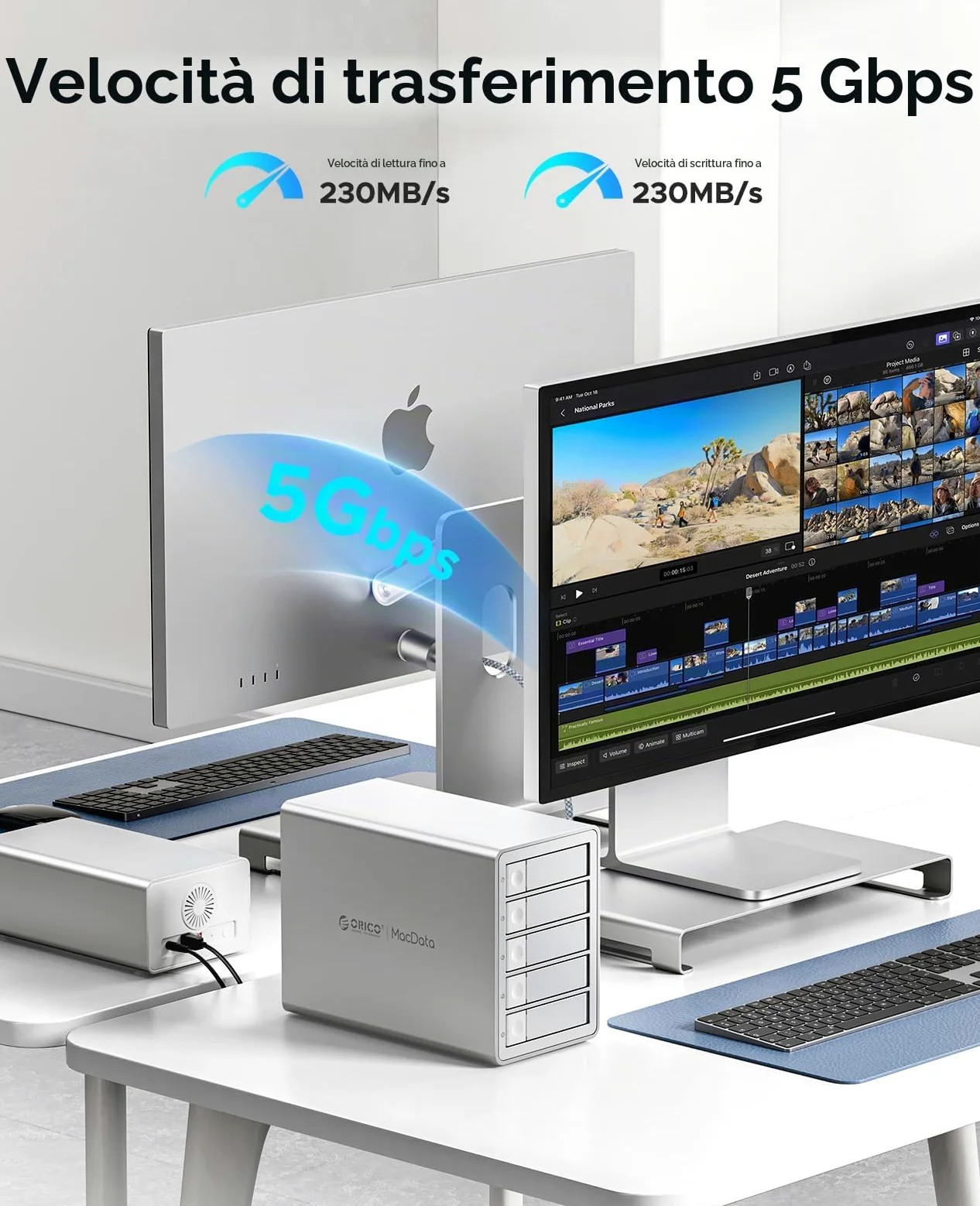 ORICO Enclosure RAID 5 Alloggiamenti per Dischi Rigidi HDD/SSD SATA da 2,5/3,5 Pollici Fino a 5 x 22 TB, Docking Station USB 3.0 in Alluminio per Dischi Rigidi, Supporta RAID 0/1/5/10/PM (9958RU3)