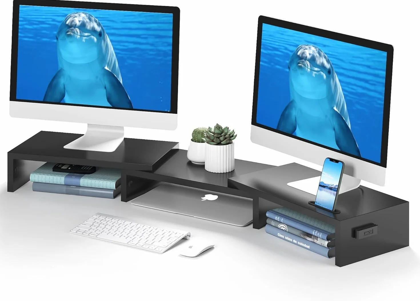 BONTEC Supporto per Doppio Monitor e Smartphone Regolabile in Legno, Organizer da Tavolo fino a 20kg, Nero