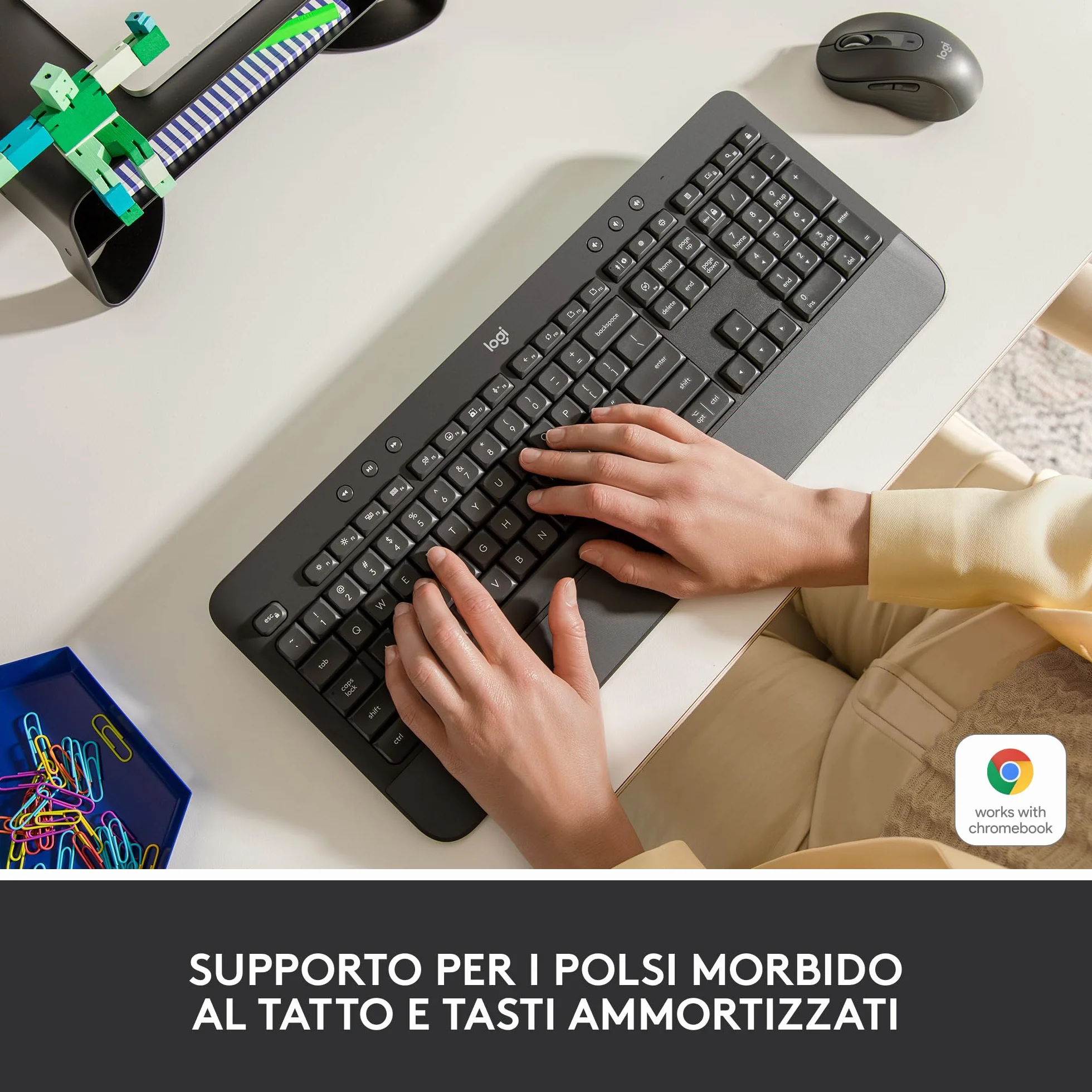 Logitech Signature K650, Tastiera Poggiapolsi Wireless Full-size con Bluetooth BLE o Ricevitore USB Logi Bolt, Tasti Smorzati e Tastierino, Compatibile con PC/Windows/Mac - Nero