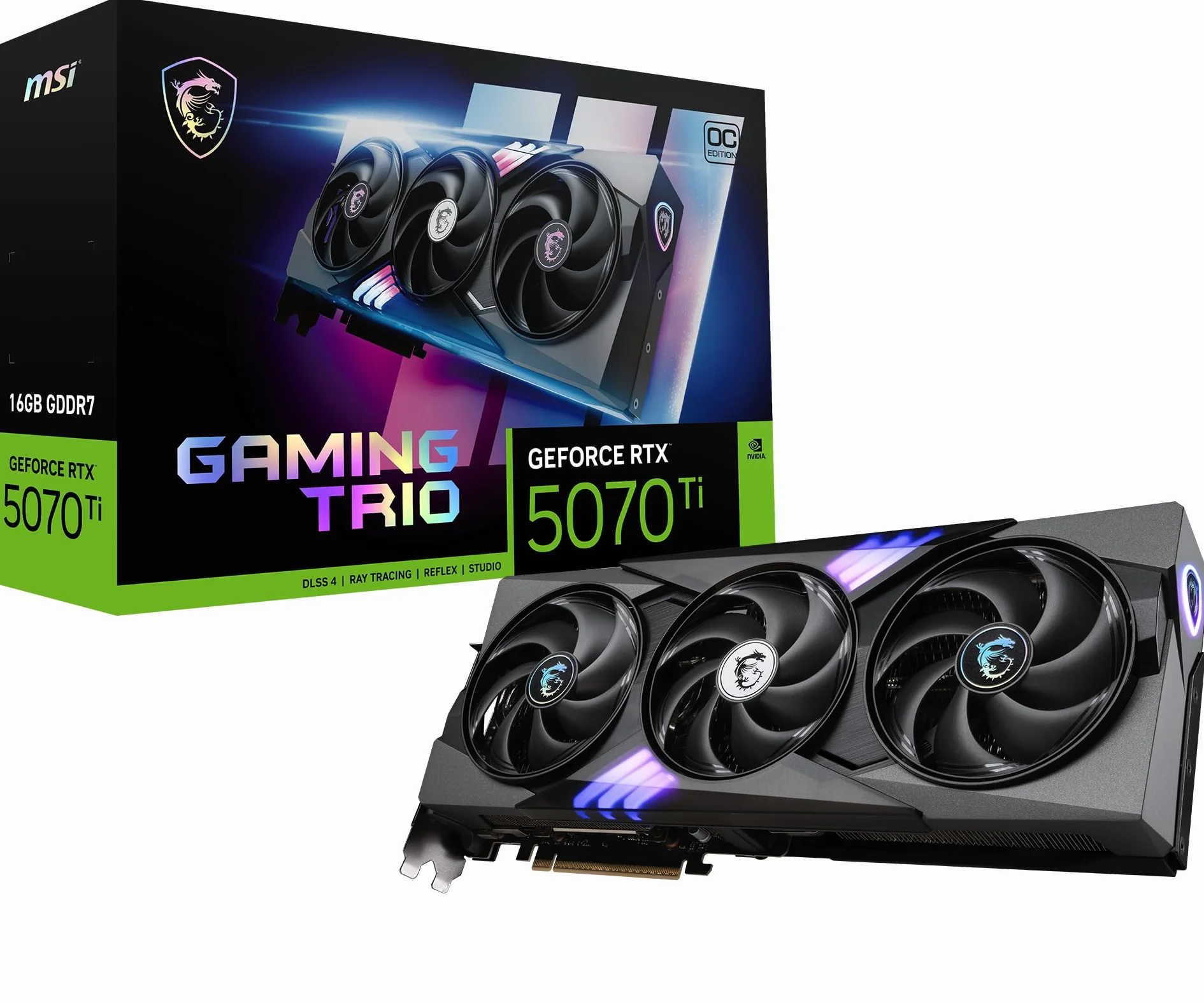 msi NVIDIA GeForce RTX 5070 Ti 16G GAMING TRIO OC Carte Graphique - 16 Go GDDR7 (28 GB/s, 256-bit), PCIe 5.0 - TRI FROZR 4 (3 x Ventilateurs STORMFORCE) - RGB - HDMI 2.1b, DisplayPort 2.1b
