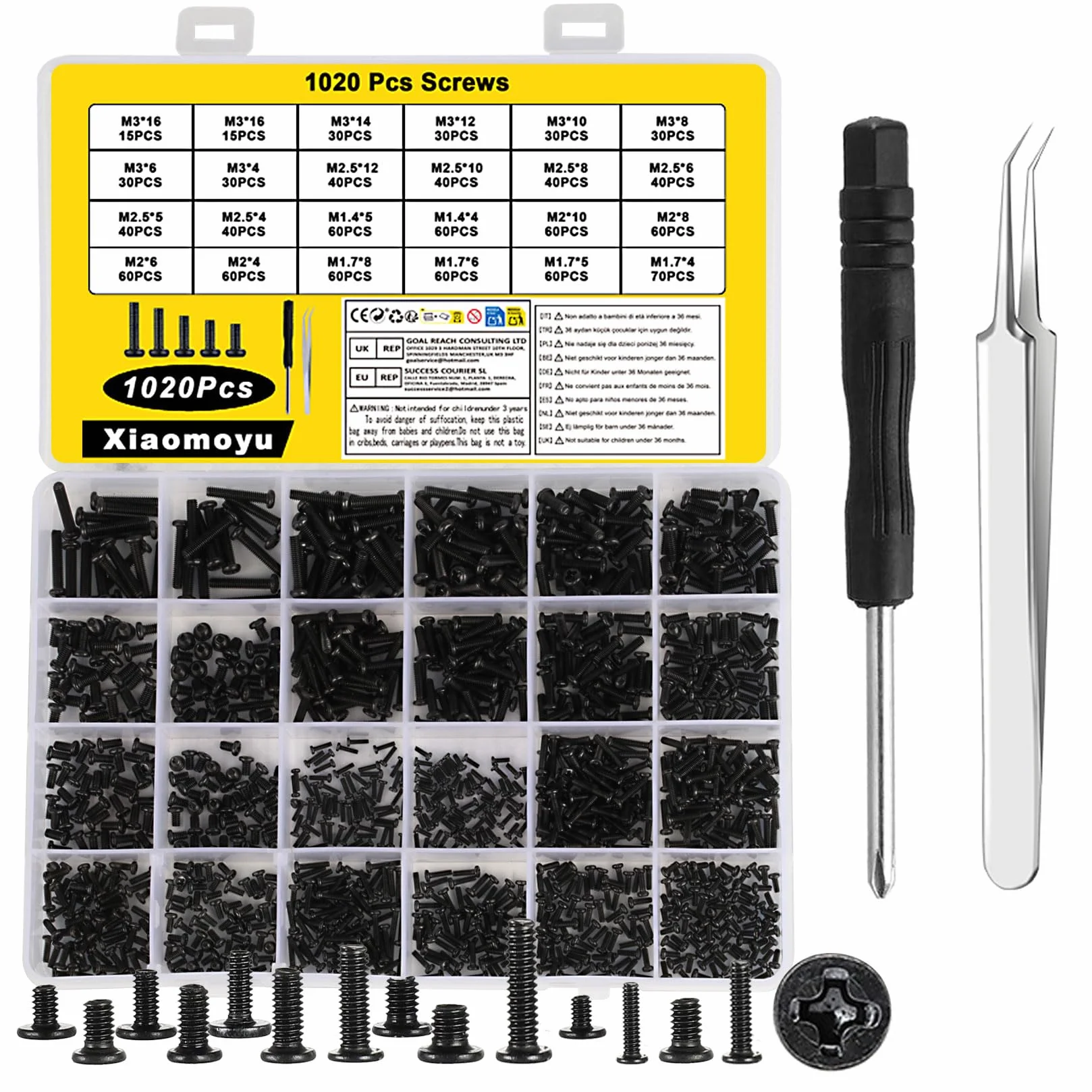 Set 1020 Pezzi Viti M1.4 M1.7 M2 M2.5 M3 Testa Svasata Croce Piatta per Riparazione Telefono