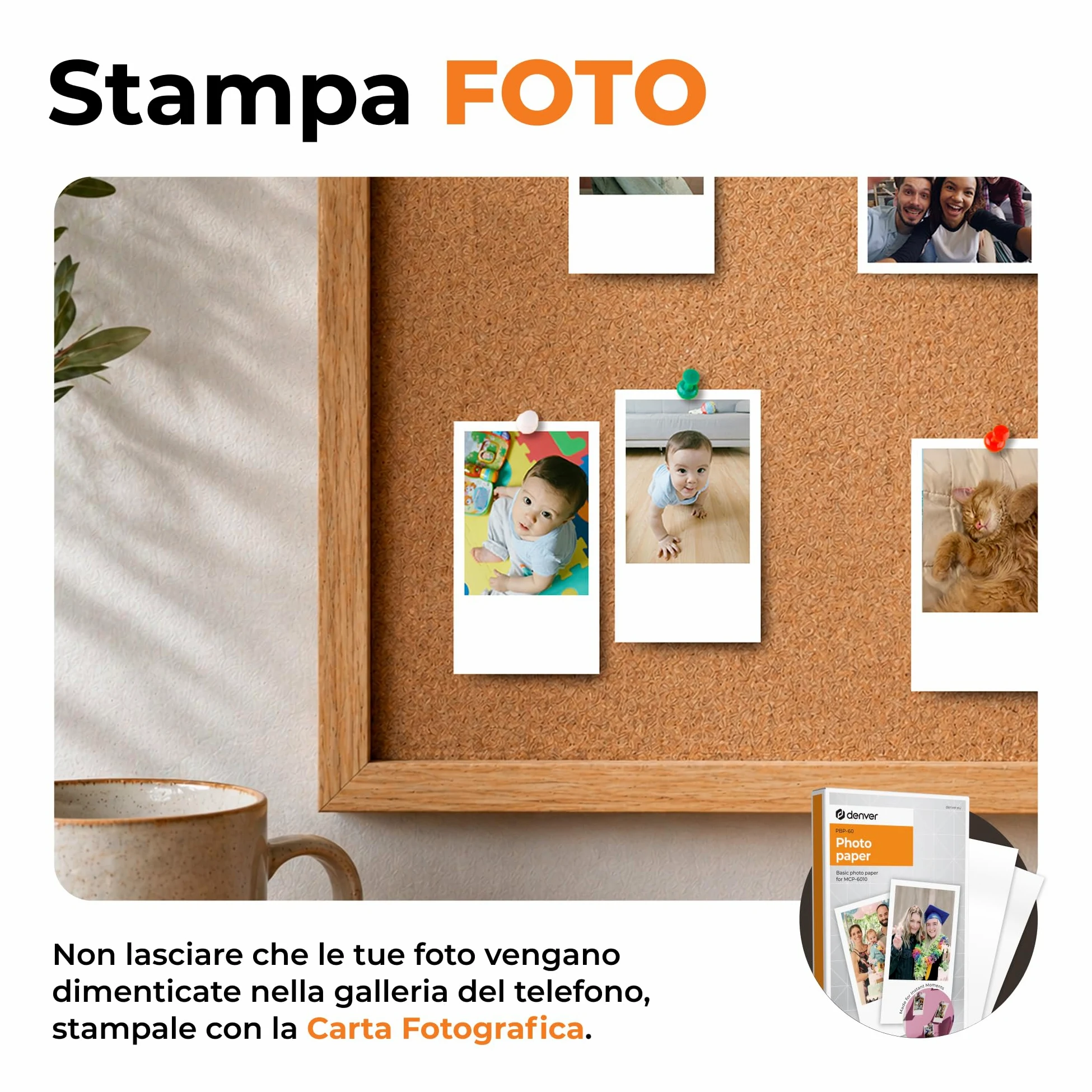 Denver MCP-6010 Mini stampante fotografica per smartphone, stampante portatile a colori con Bluetooth 5.2, 600 DPI, iOS e Android, stampante fotografica portatile con batteria, cartuccia e set di 20