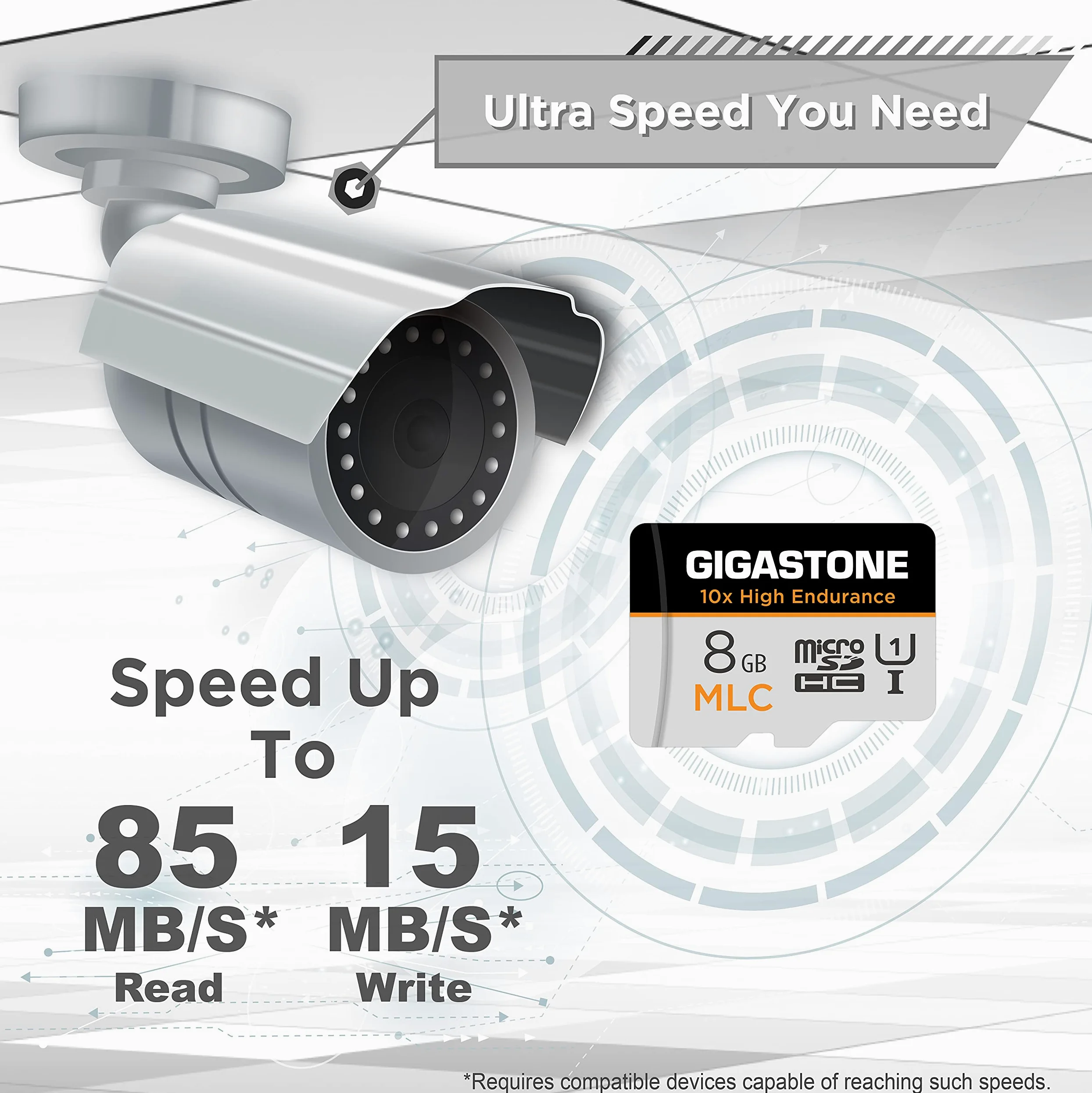 [10 x Alta Resistenza] GIGASTONE MLC Micro SD 8GB, Set da 5, 10x High Endurance, 8 GB per Telecamera Sorveglianza, Gopro, Dashcam, Lettura fino a 90 MB/s. Per video 4K, U1 C10 + Adattatore SD