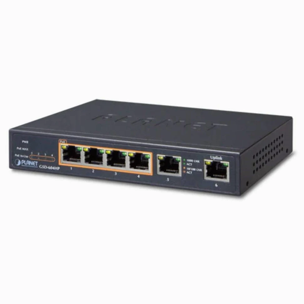 Planet GSD-604HP switch di rete Gestito Gigabit Ethernet (10/100/1000) Nero Supporto Power over Ethernet (PoE)