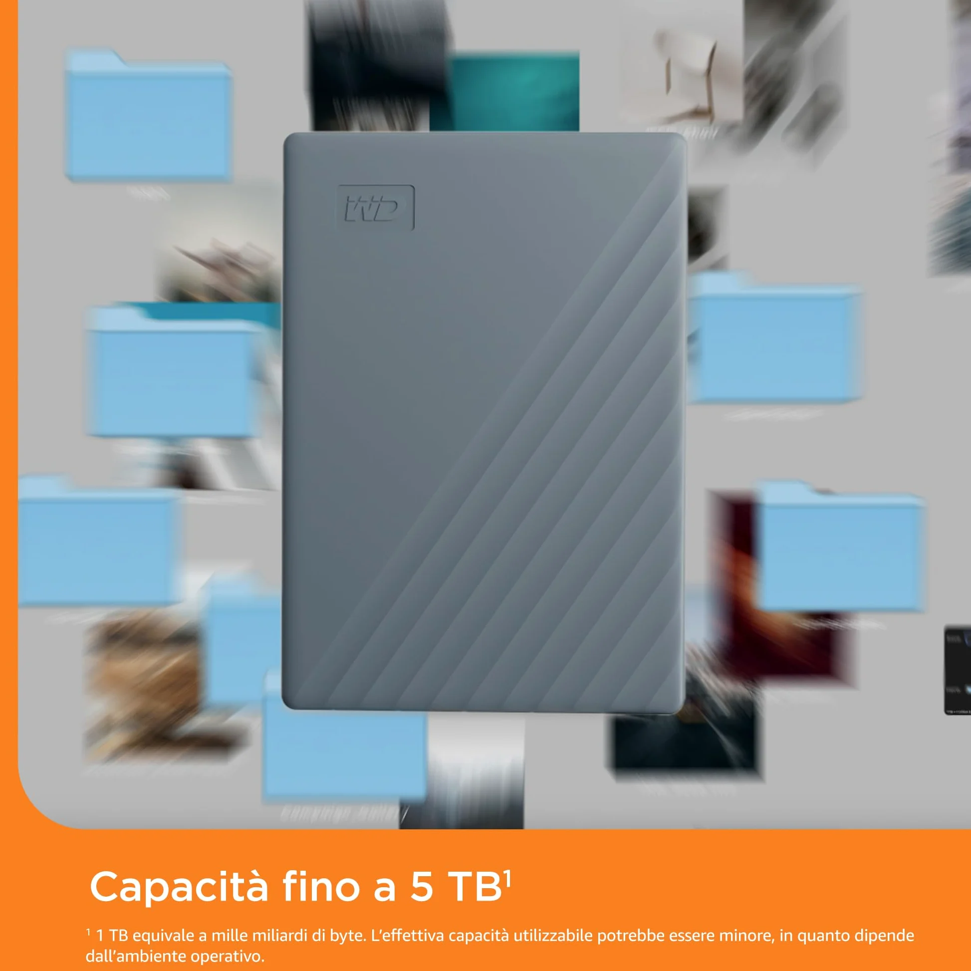 WD 5TB My Passport Compatibile con USB-C, HDD Portatile, USB 3.2 Gen 1/USB 3.0, Protezion con password, Software per la gestion e il backup, Formatto per Windows, ChromeOS and MacOS, Grigio
