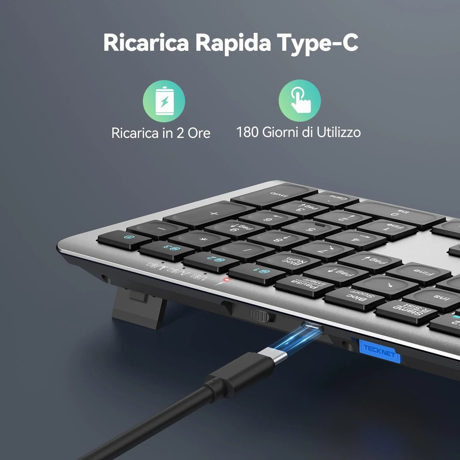 TECKNET Bluetooth Tastiera Wireless, 4 Commutazione Dispositivo(2.4G+BT), USB C Ricaricabile, Full-Size Ultra Sottile Tastiera Senza Fili per PC/Tablet/Windows/MacOS, Layout Italiano QWERTY