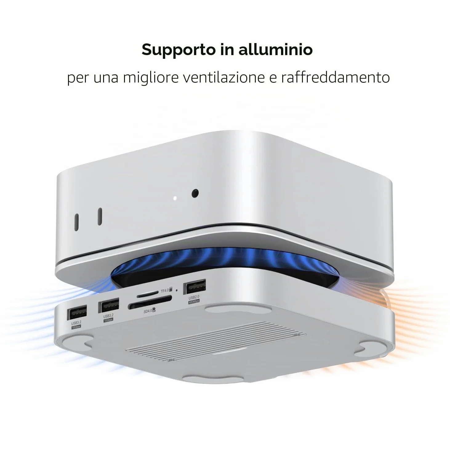AKKYAJAURE Docking Station per Mac Mini M4/M4 Pro, 10 in 1 Hub e supporto in alluminio con custodia SSD M.2 NVMe,10 Gbps USB-A*2, lettori di schede SD/TF, USB 2.0