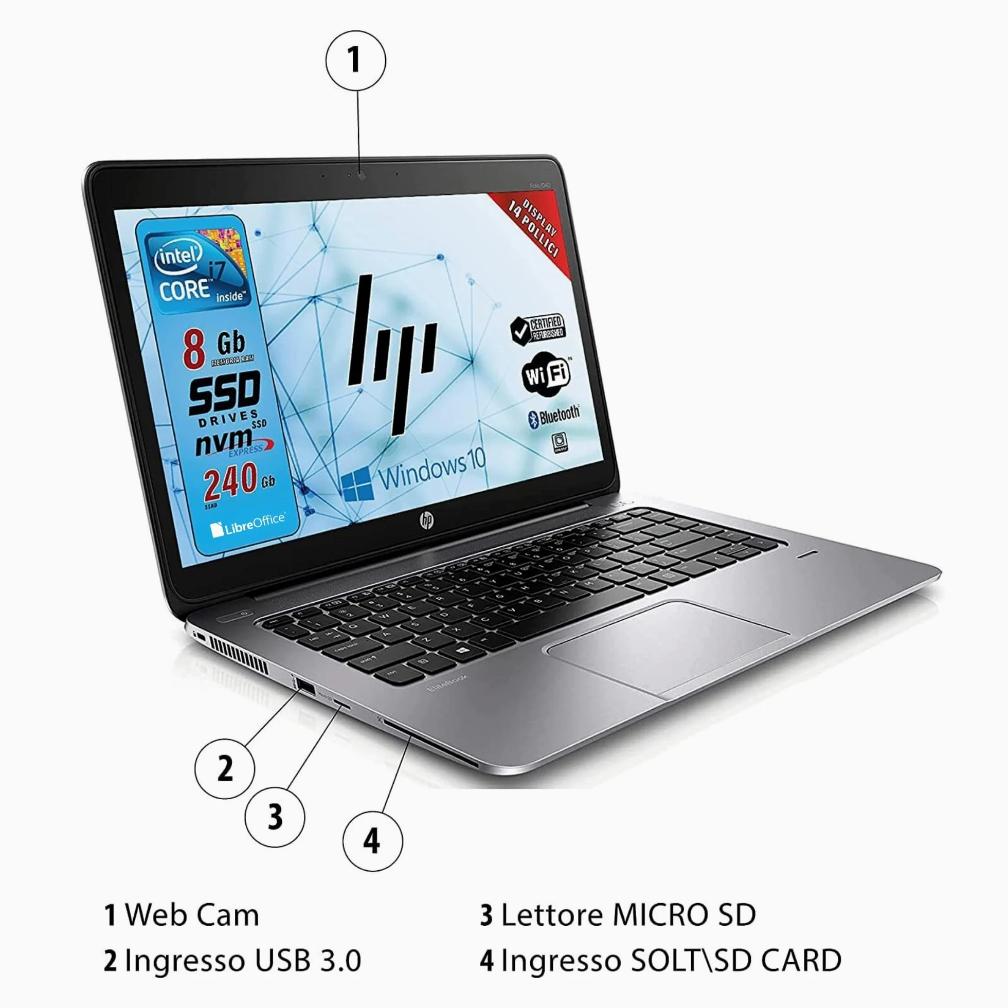 HP Elitebook Folio, Notebook Pc portatile Pronto All'uso, Display 14", Intel Core i7, Ram 8GB, SSD 240GB, Win 10Pro, Pacchetto Libre Office (Ricondizionato)