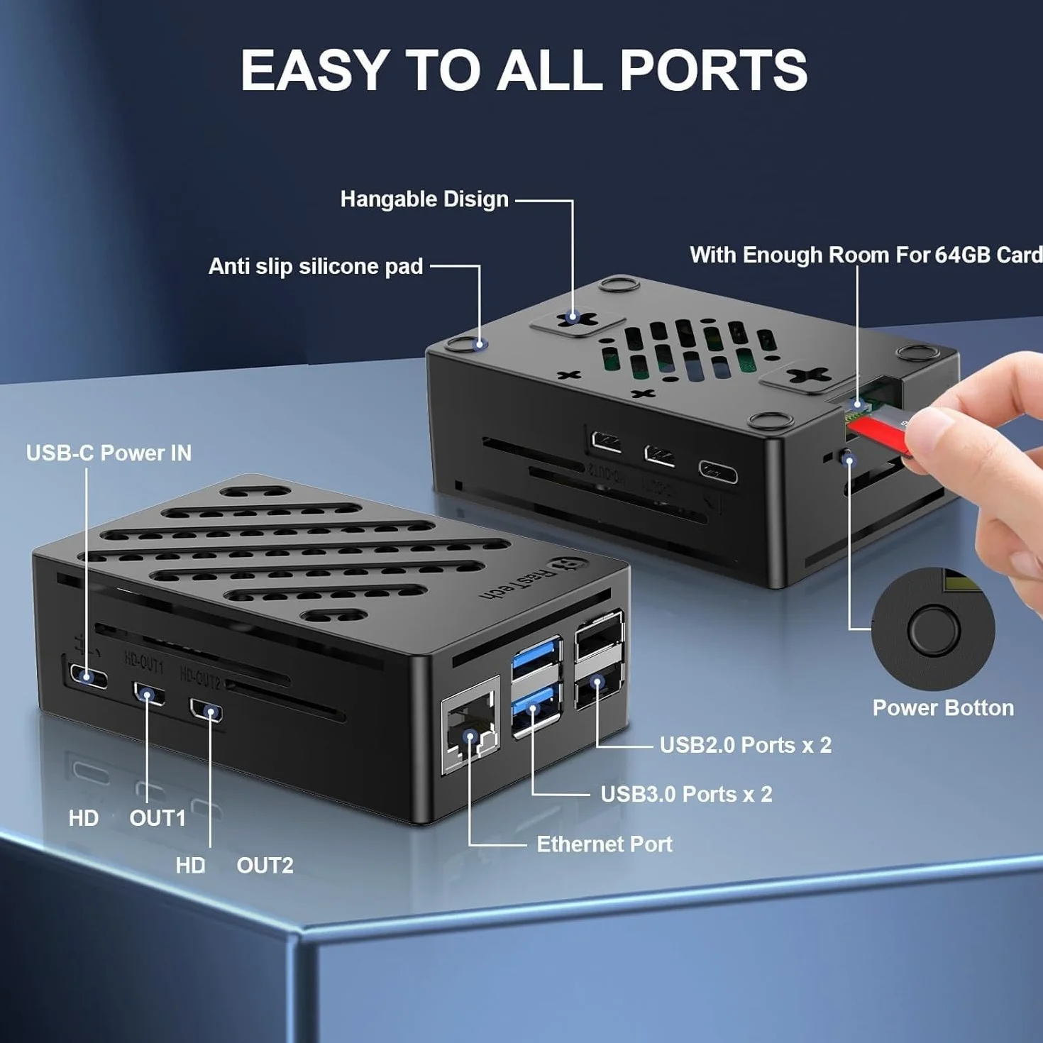 RasTech Raspberry Pi 5 4GB Kit 64GB Edition con dispositivo di raffreddamento attivo, alimentatore USB-C 27W GaN 5.1V5A, scheda Pi5 4GB, kit lettori di schede da 64 GB, custodia Pi 5, cavi Dual 4K