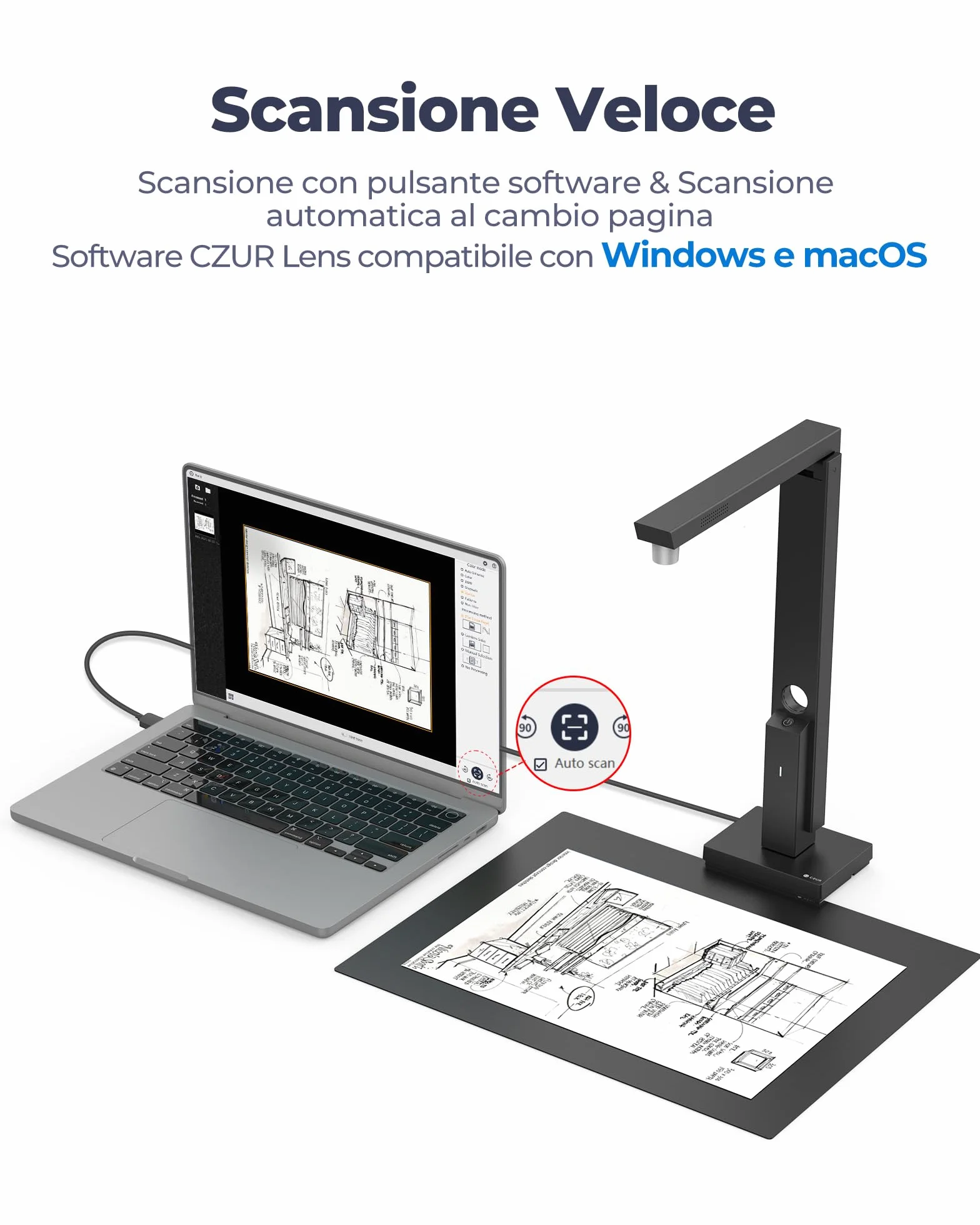CZUR Lens 1200 Pro Scanner Documenti 12MP Alta Risoluzione A4 330DPI Multilingue OCR Windows macOS