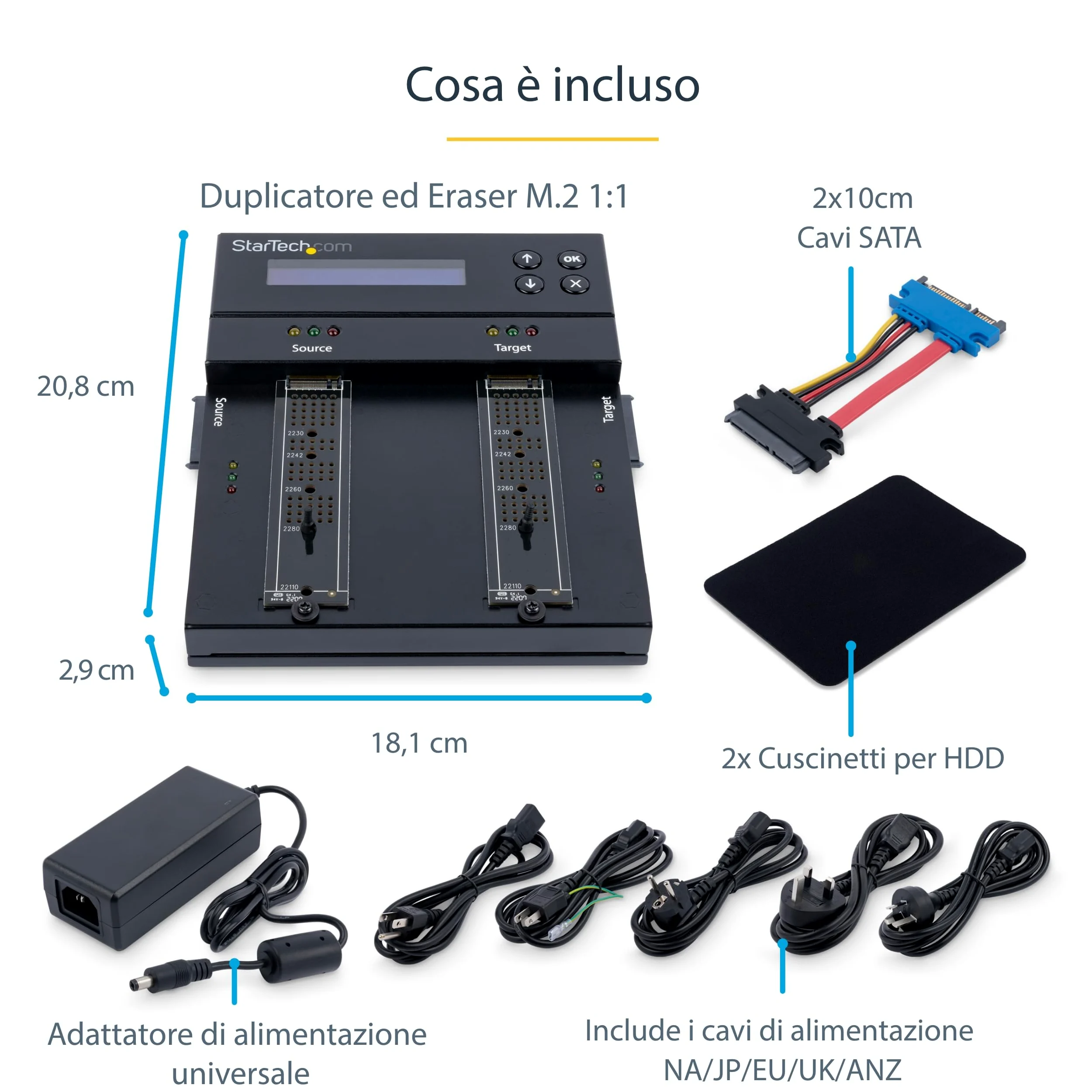 StarTech Duplicatore Eraser M.2 SATA/NVMe e SATA 2,5/3,5" 2 Baie 7,5GB/min | Display OSD Integrato, Compatibile M.2 PCIe, Funziona con Hard Disk e SSD, Indipendente da PC