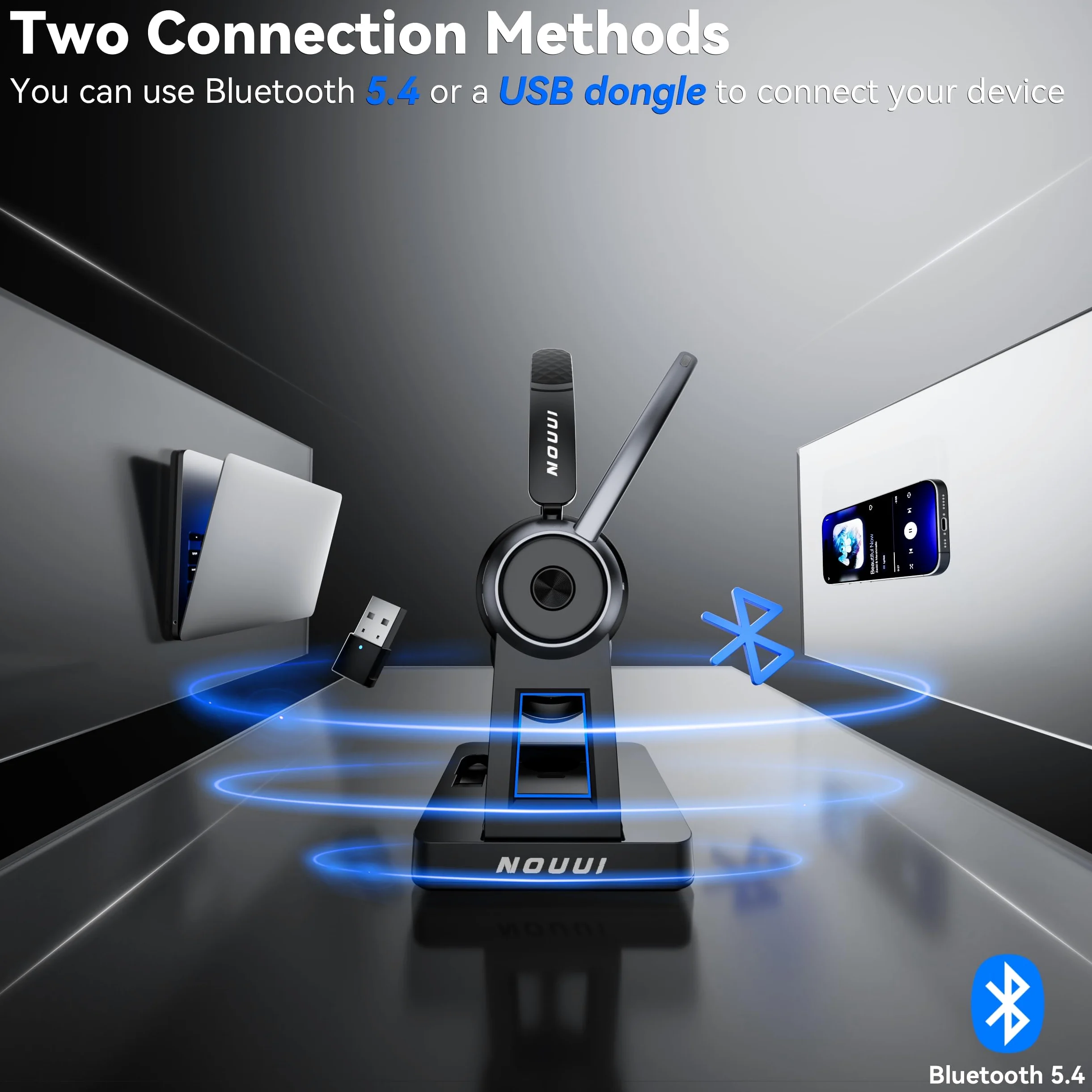 Cuffie wireless con microfono per lavoro, cuffie wireless con microfono (cancellazione del rumore e pulsante muto), batteria 65H con base di ricarica, cuffie Bluetooth con microfono per PC/Call Center
