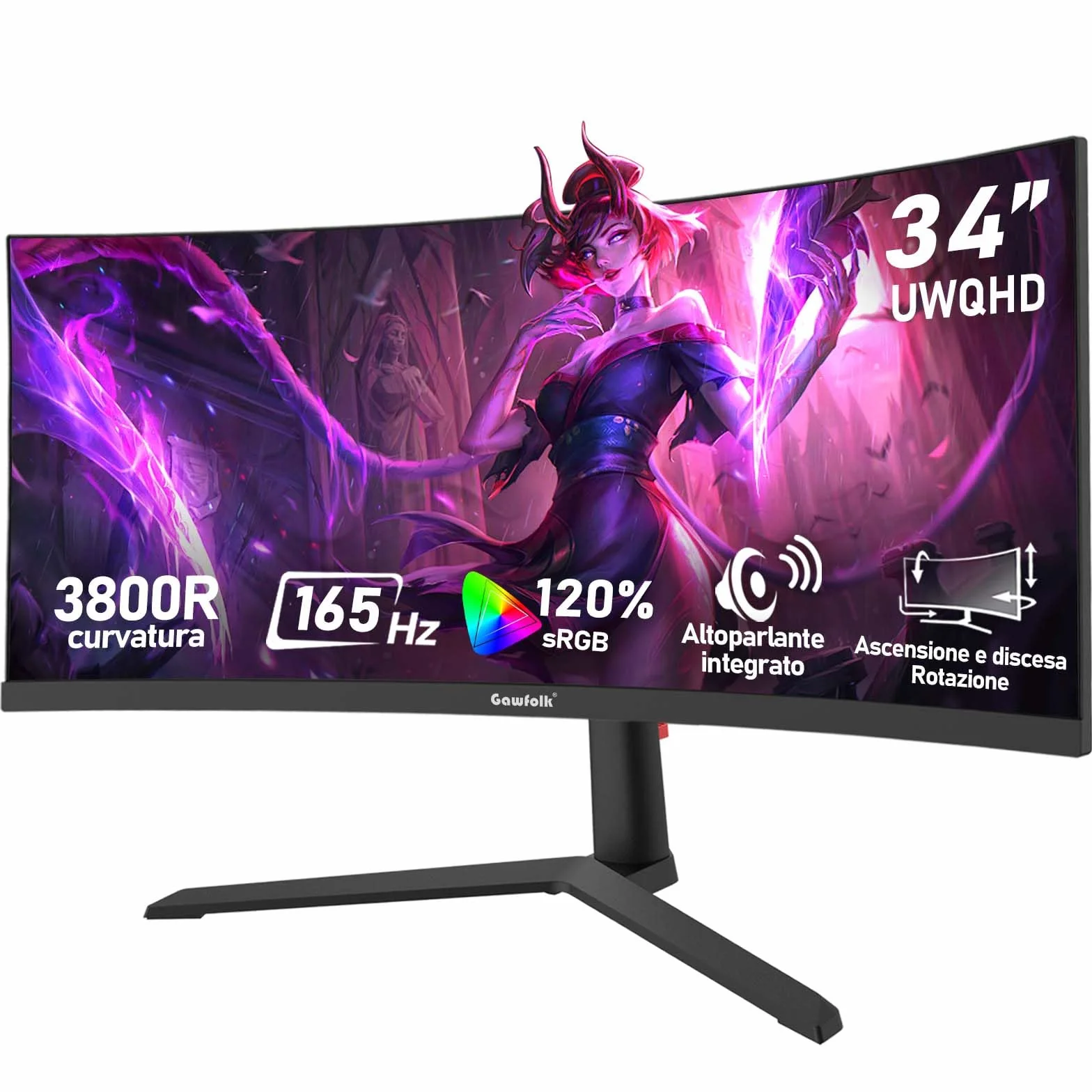 Gawfolk Monitor Gaming Curvo Ultrawide 34 Pollici 165Hz UWQHD 3440x1440 21:9 3800R 120% sRGB 1ms Adaptive Sync - Nero