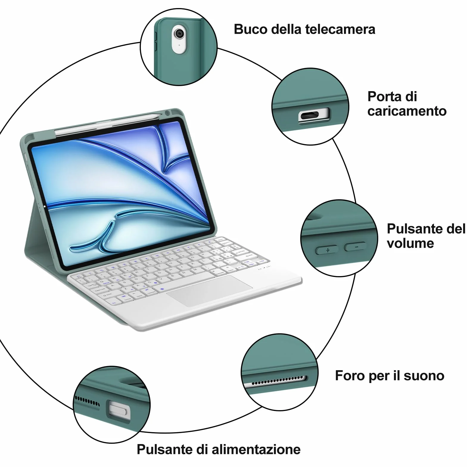 WINCHKING Cover Tastiera per iPad Air 11 M4 2026/M3 2025/M2 2024 con Touchpad, Italiano QWERTY, Custodia con Bluetooth Rimovibile Tastiera per iPad Air 11 Pollici M4/M3/M2, Verde scuro