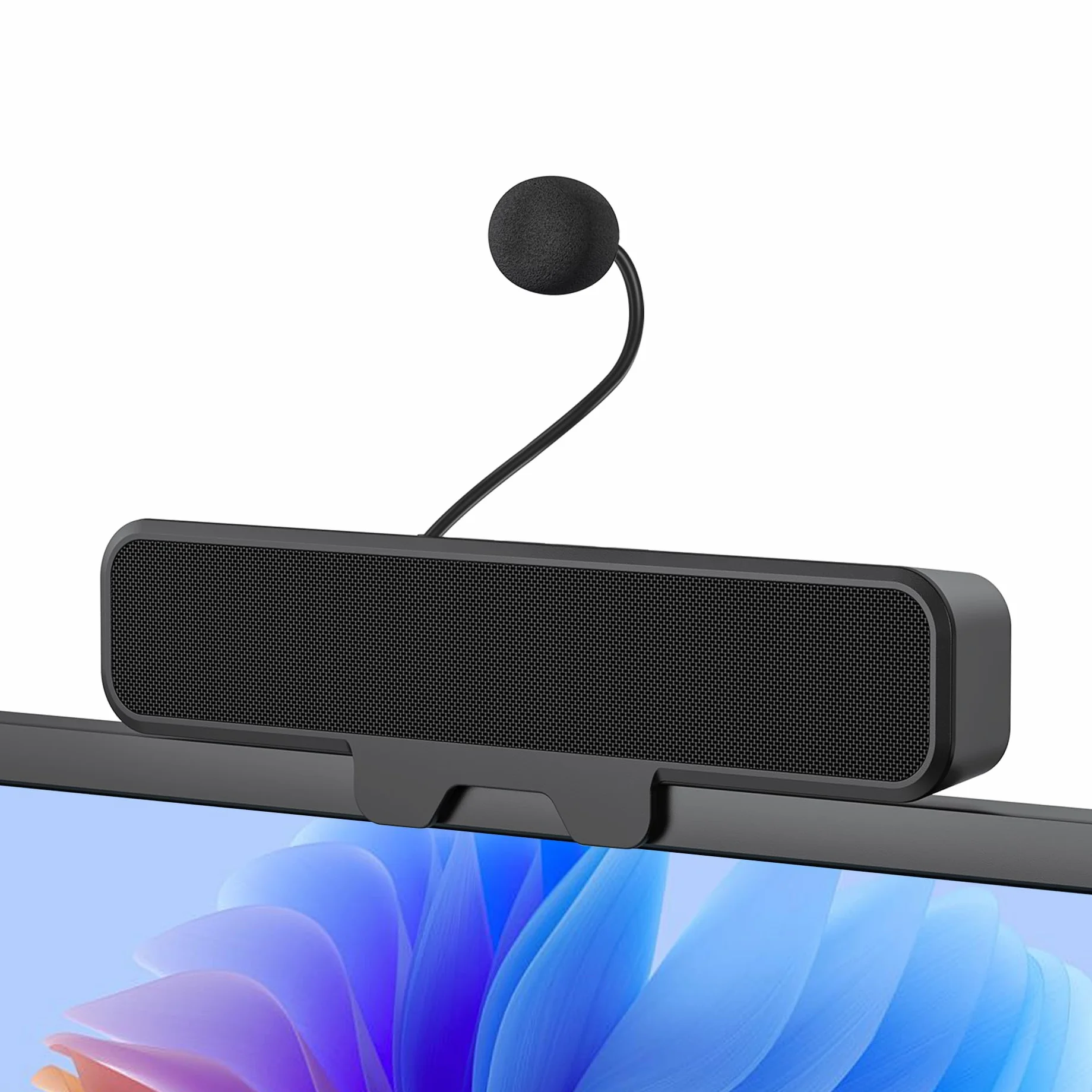 Inwa Altoparlante per PC, altoparlante USB con microfono, stereo e basso, spegnimento muto a un pulsante, clip plug and play per monitor PC, desktop, laptop e Mac (nero)