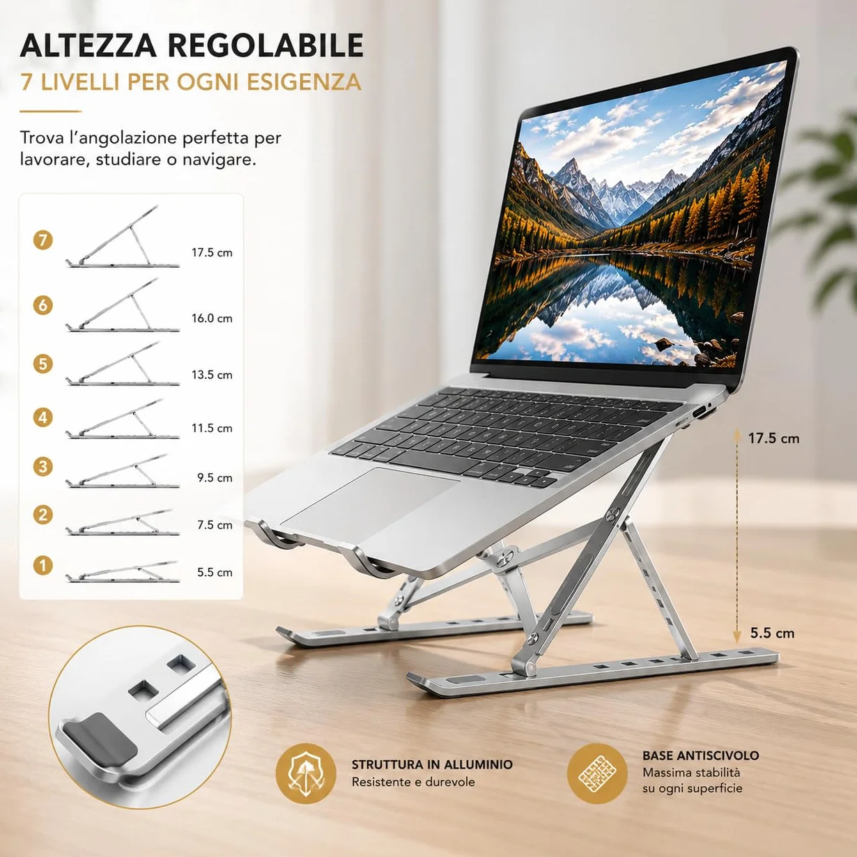 Ali Brothers Supporto per Laptop in Alluminio, Pieghevole e Portatile, Regolabile a 7 Livelli, Antiscivolo, Grigio, Finitura Metallica Anodizzata (supporto da laptop)